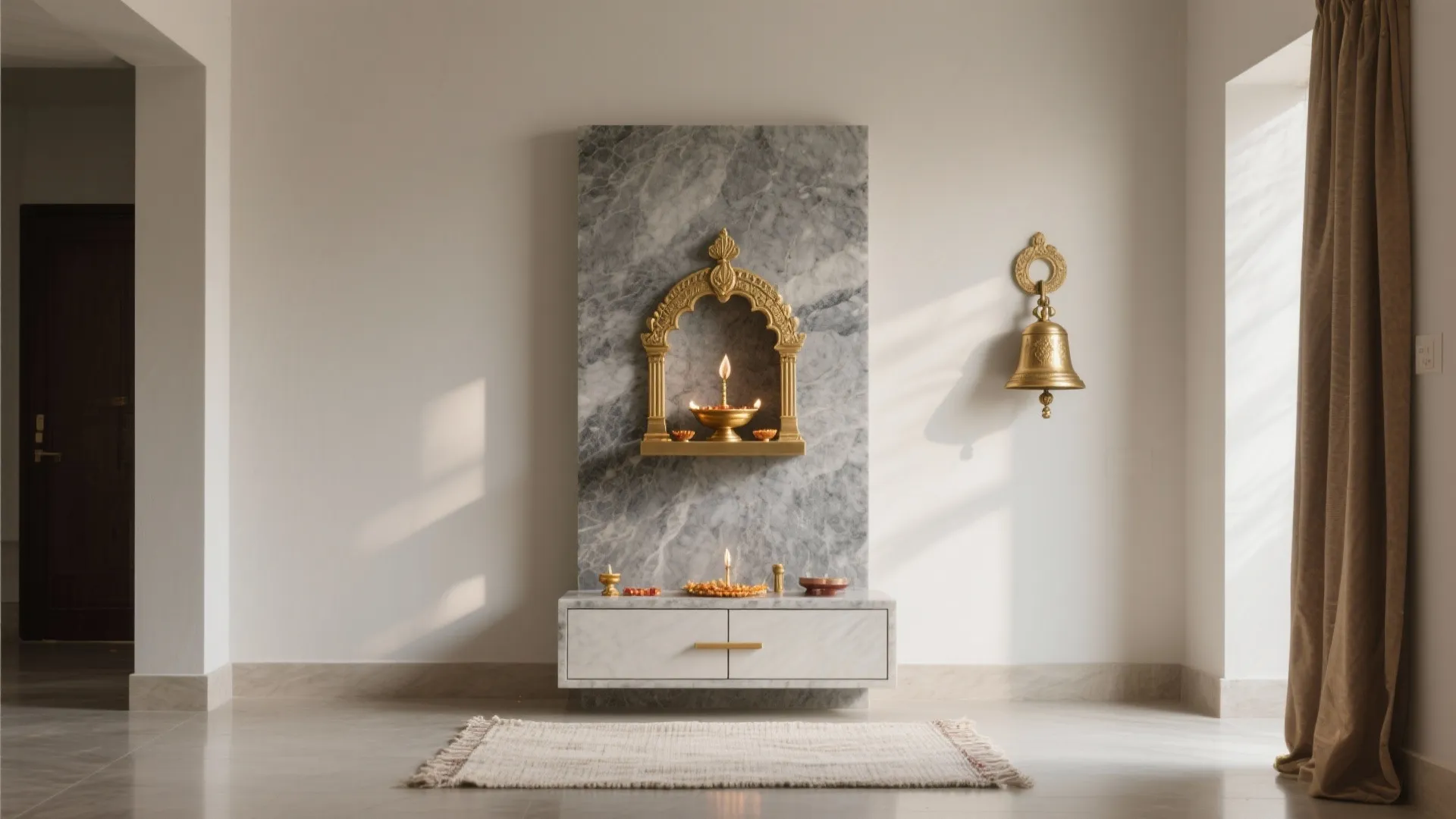 Minimalist granite backdrop pooja shrine with warm brass diya shelf and bell.