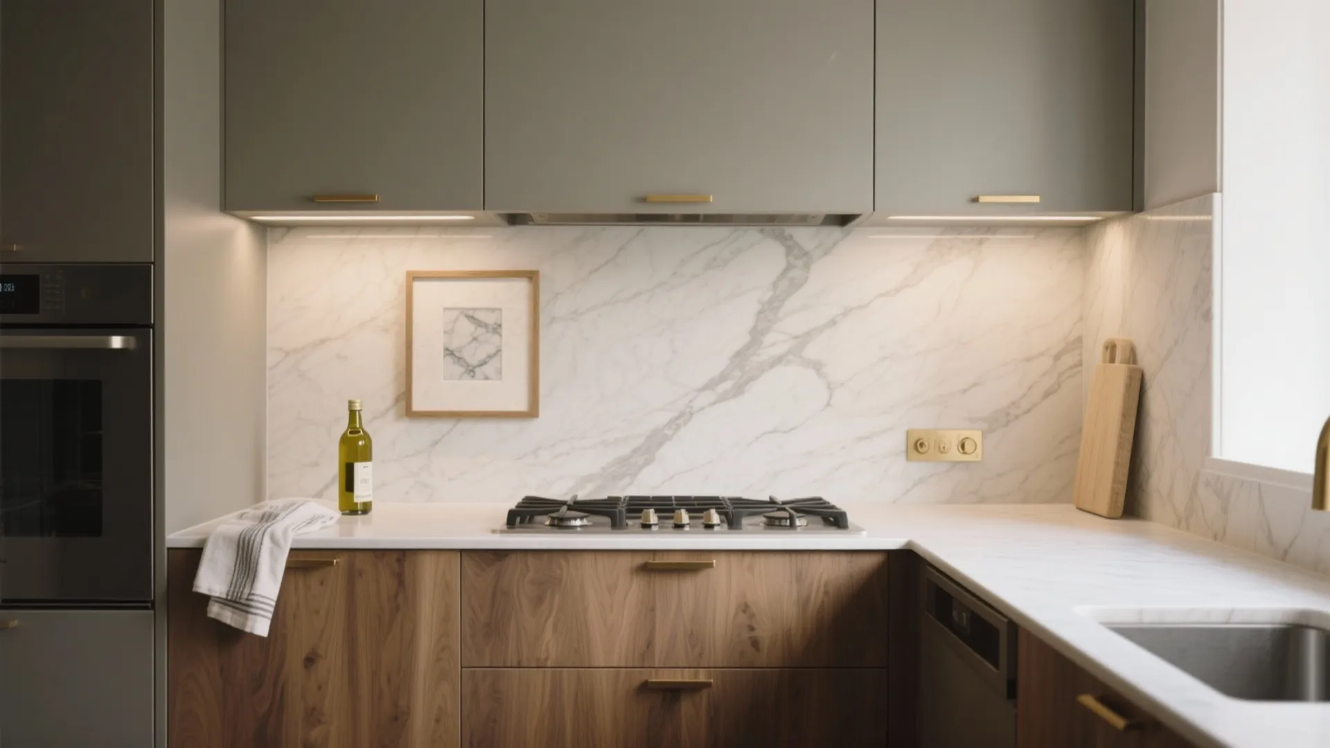 Textured stone and warm metal accents