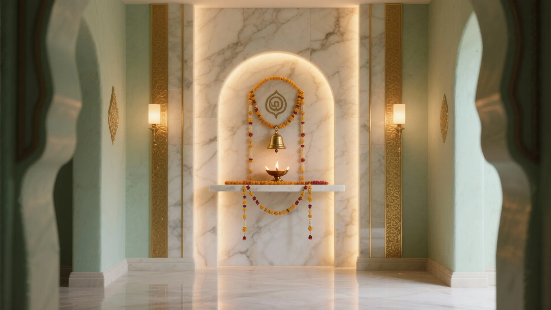 Stone and Brass Feature Wall with Gentle Backlight