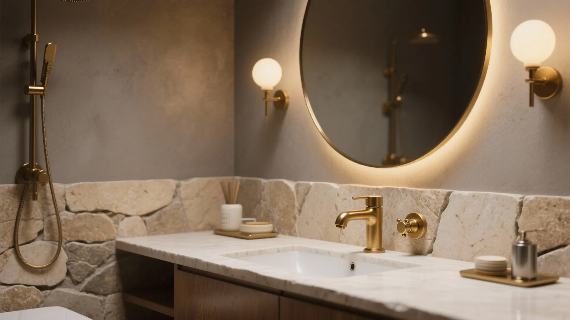 Close up of gold tap on white marble counter with stone wall and round wall light