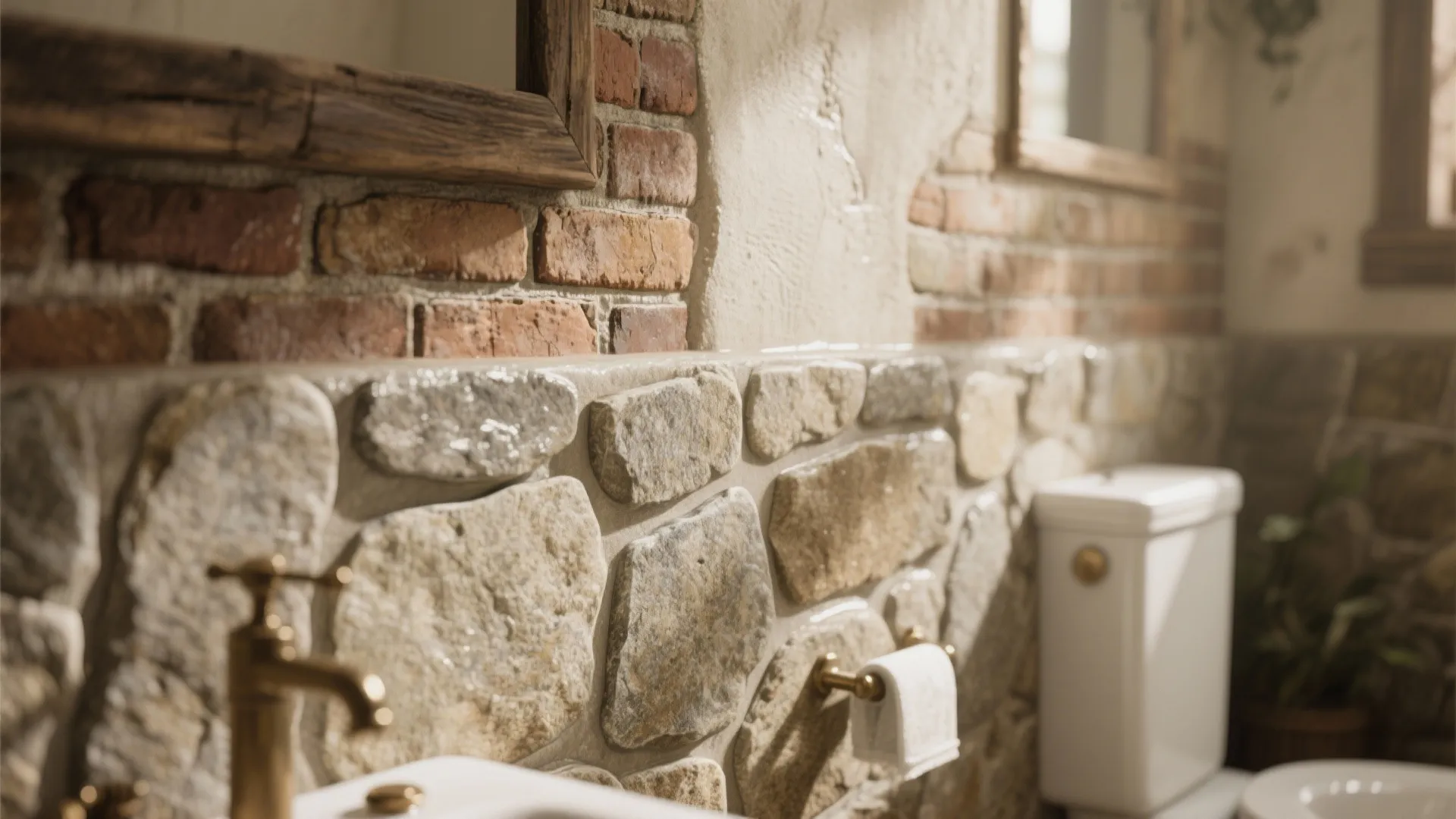Rustic bathroom wall featuring red brick and large stones with brass faucet and white toilet