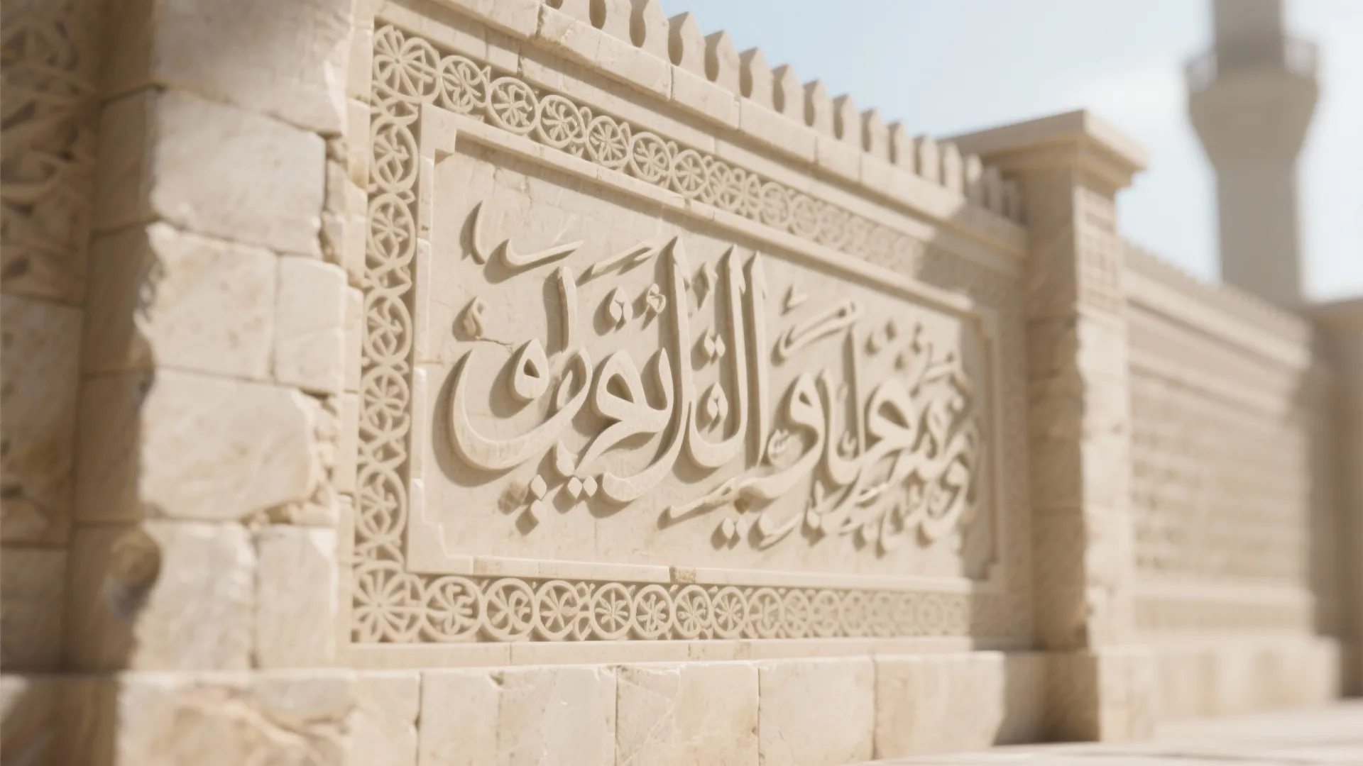 Close up view of detailed stone wall carving with traditional patterns and symbols in daylight