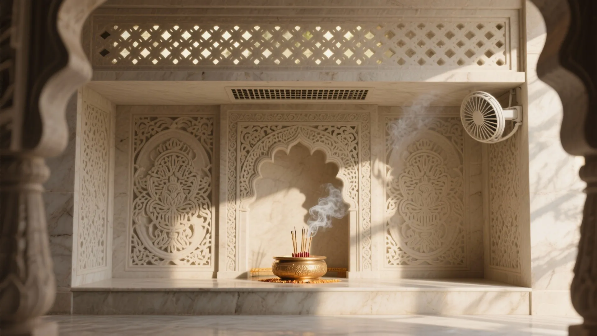 Stone-carved panel canopy with incense ventilation