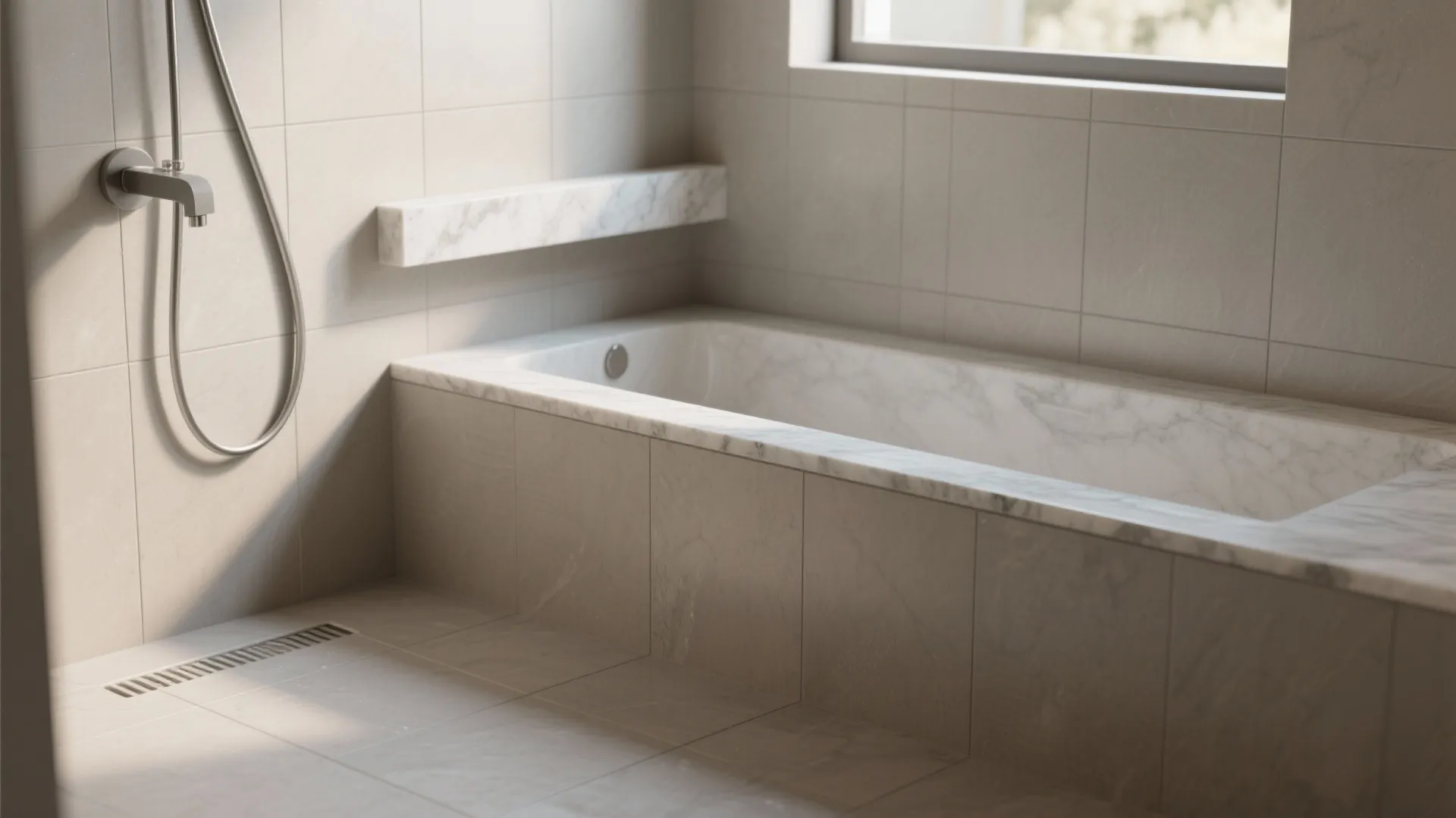 Modern bathroom with marble bathtub beige wall tiles shower head and marble shelf with window