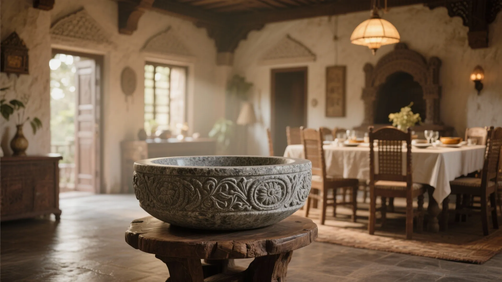 Intricately carved grey stone basin on wooden stand in warm rustic dining room with table