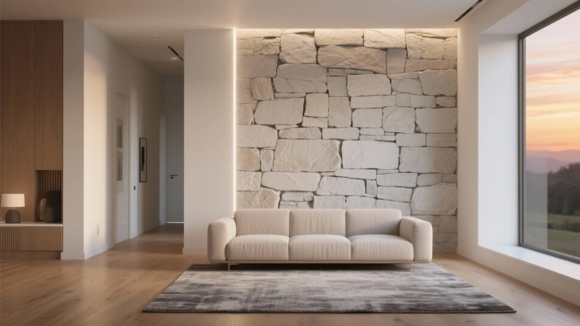 Modern living room featuring white sofa, stone wall, wooden floor, grey rug, and sunset window
