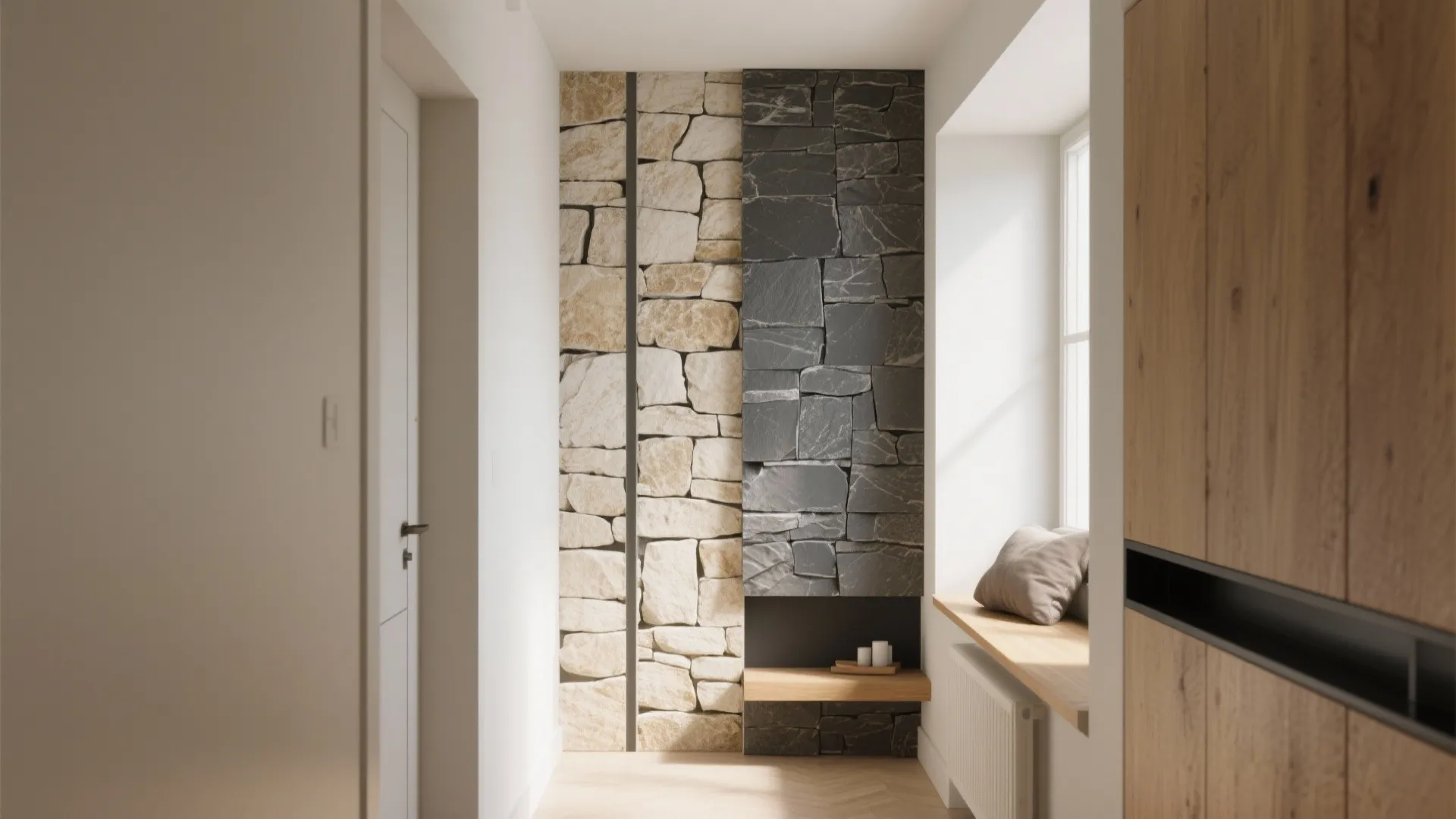 Hallway featuring a natural stone wall with a wooden window seat and white walls design