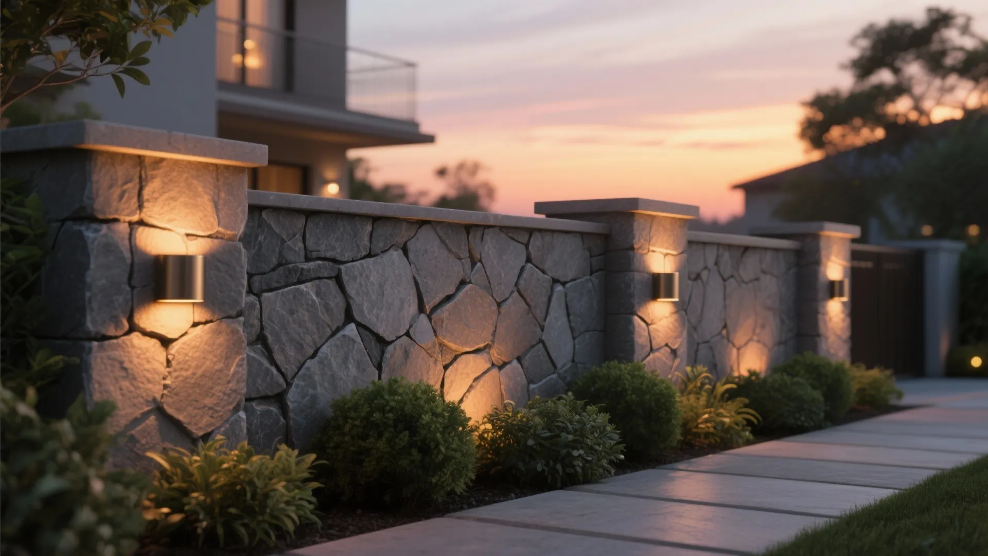 Textured stone cladding with integrated lighting