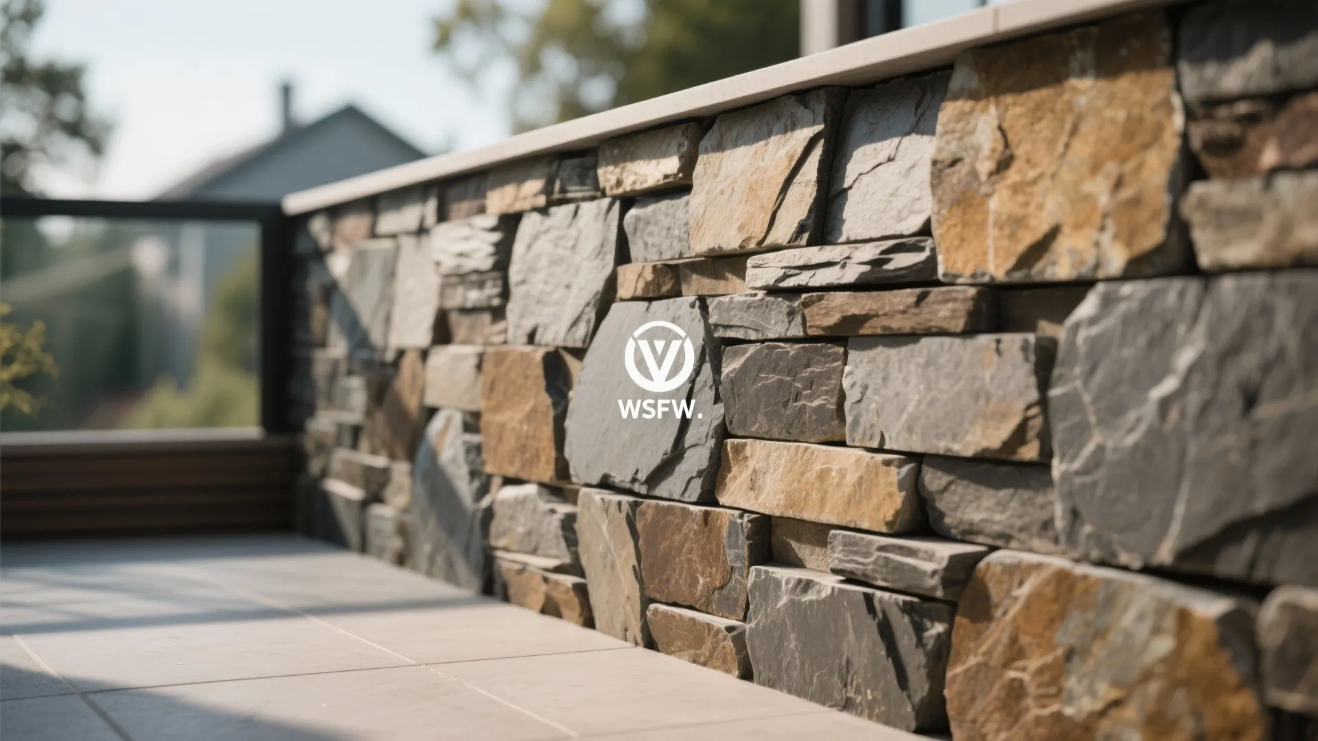 Close-up of stacked slate stone cladding on terrace wall