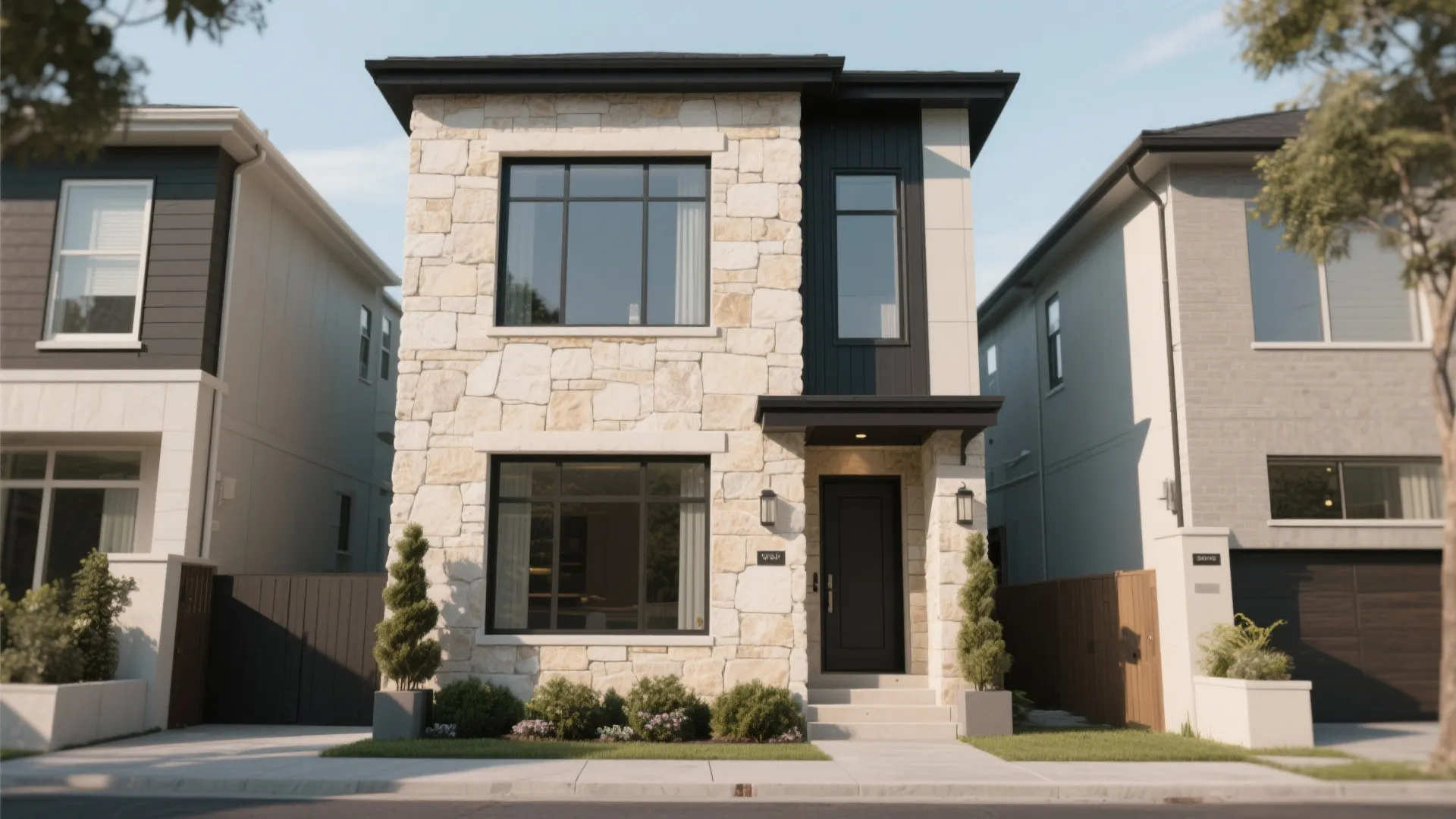 Two-story townhouse featuring light stone wall cladding, black front door, large windows, and small trees