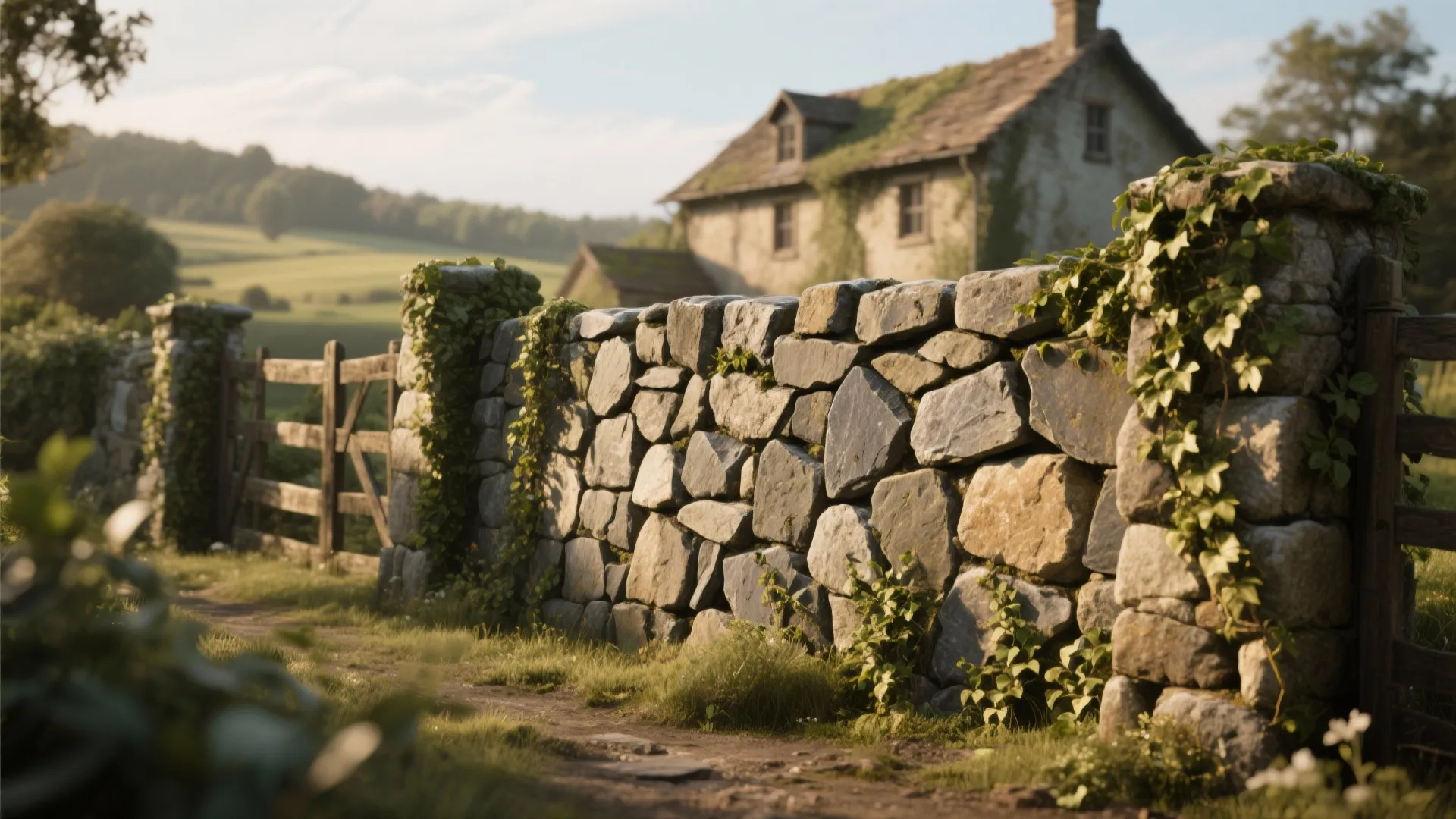 Rustic stone wall covered in green ivy next to a wooden gate and old house