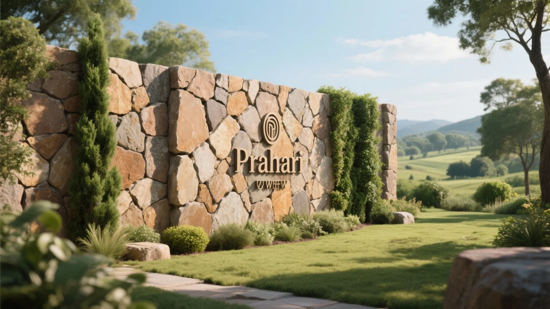 Large outdoor stone wall with brand logo set in a beautiful green landscape with trees
