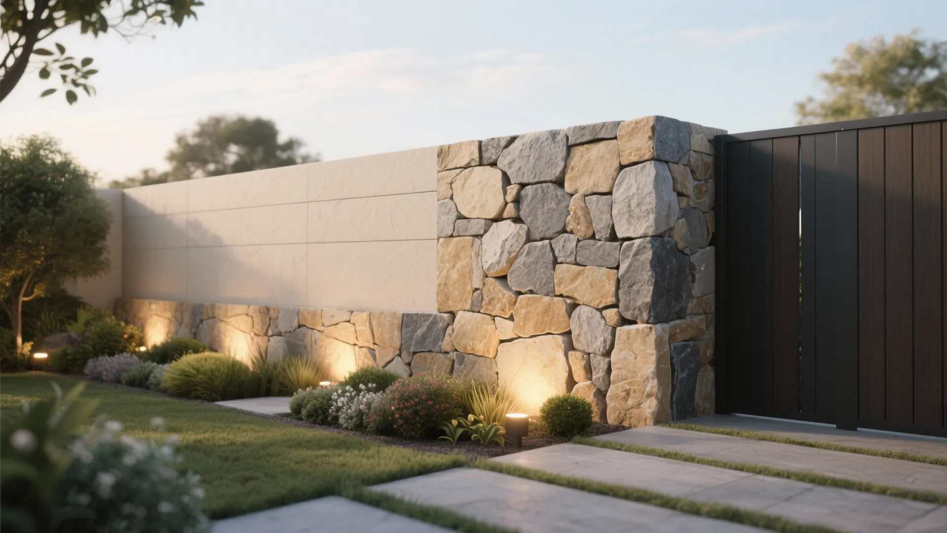 Exterior wall made of stone and white panels with small lights and a green lawn