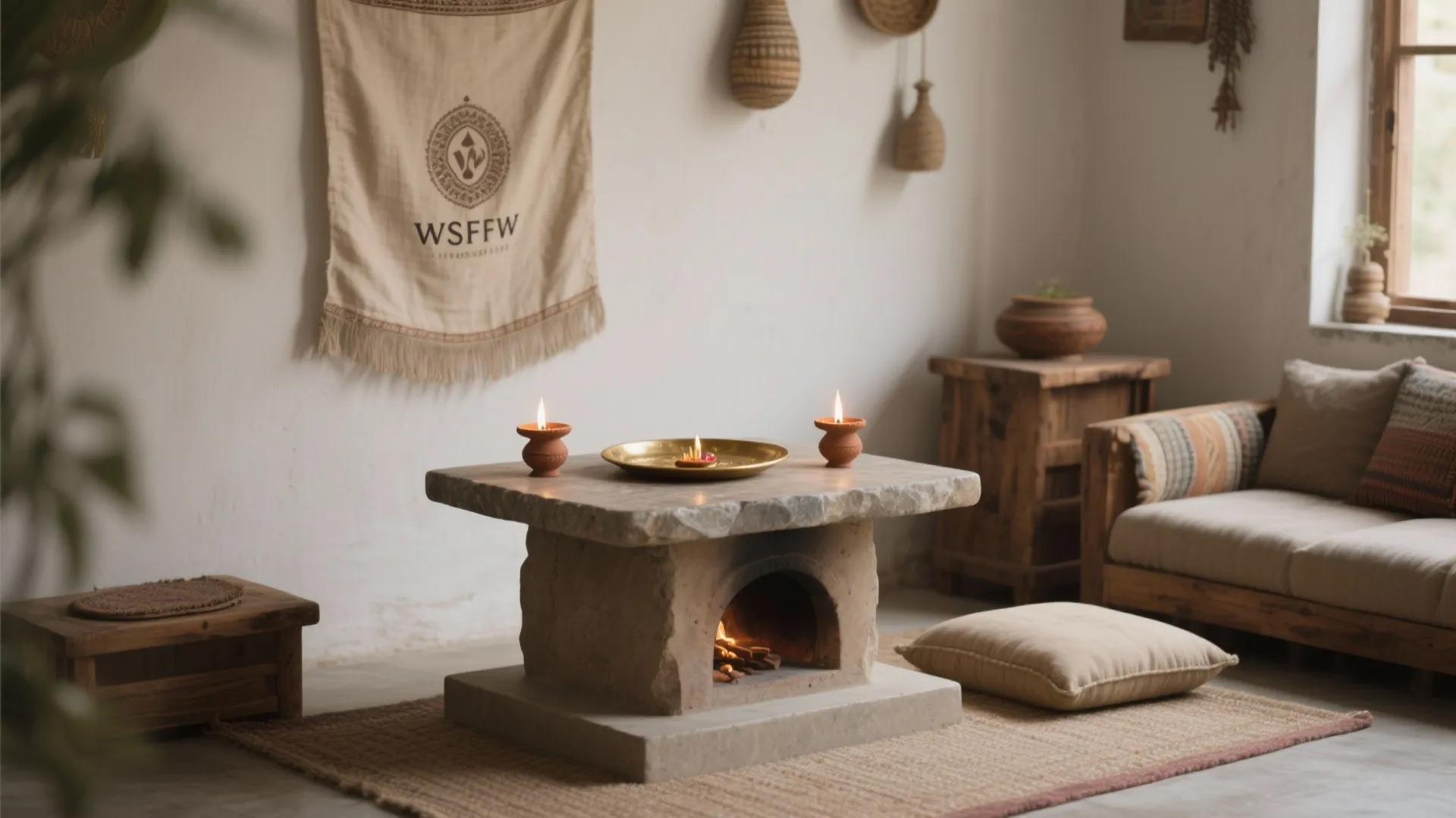 Earthy pooja chowki with matte stone top, clay diyas, and linen backdrop in a cozy corner.