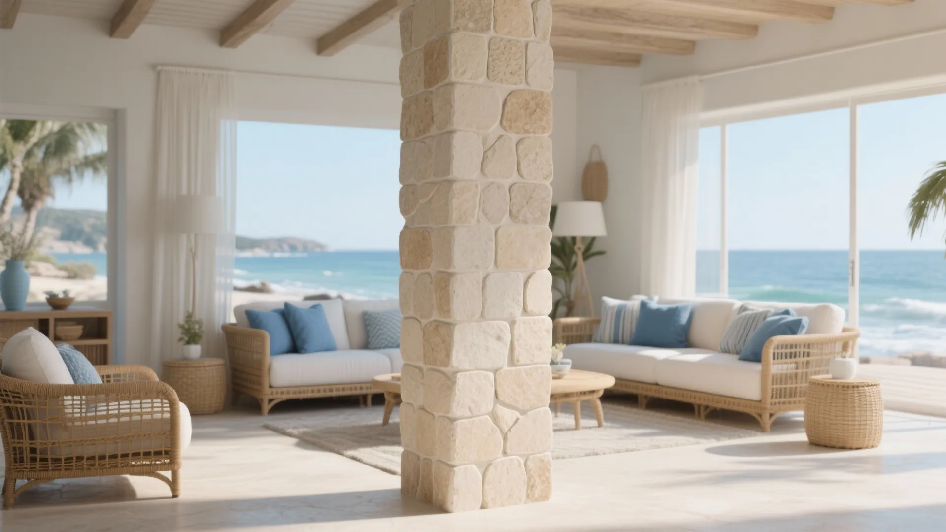 Coastal living room with stone column white sofas blue pillows large windows and ocean view