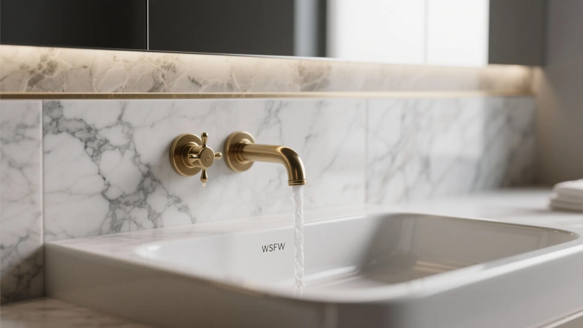 Gold wall faucet running water into a white sink with a marble stone wall background