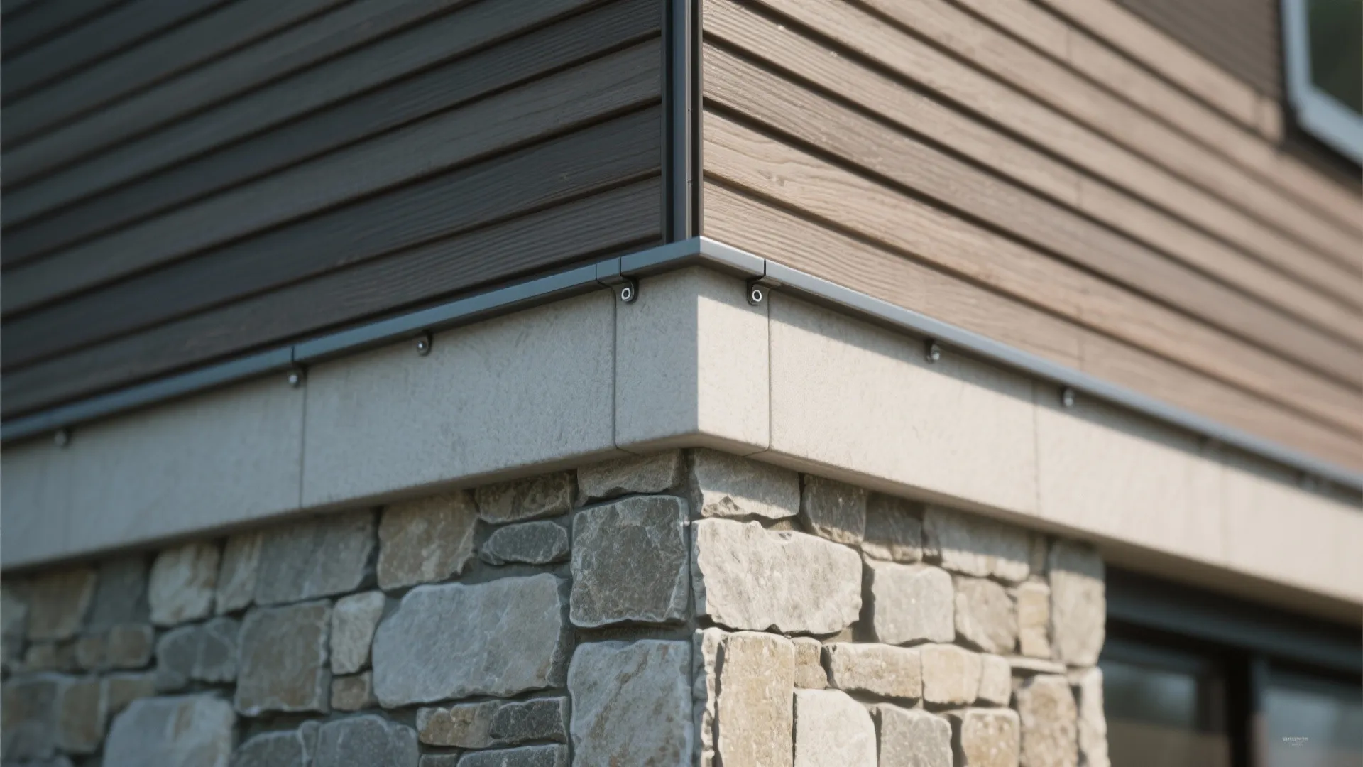 Mixed‑material composition: stone base + composite planks