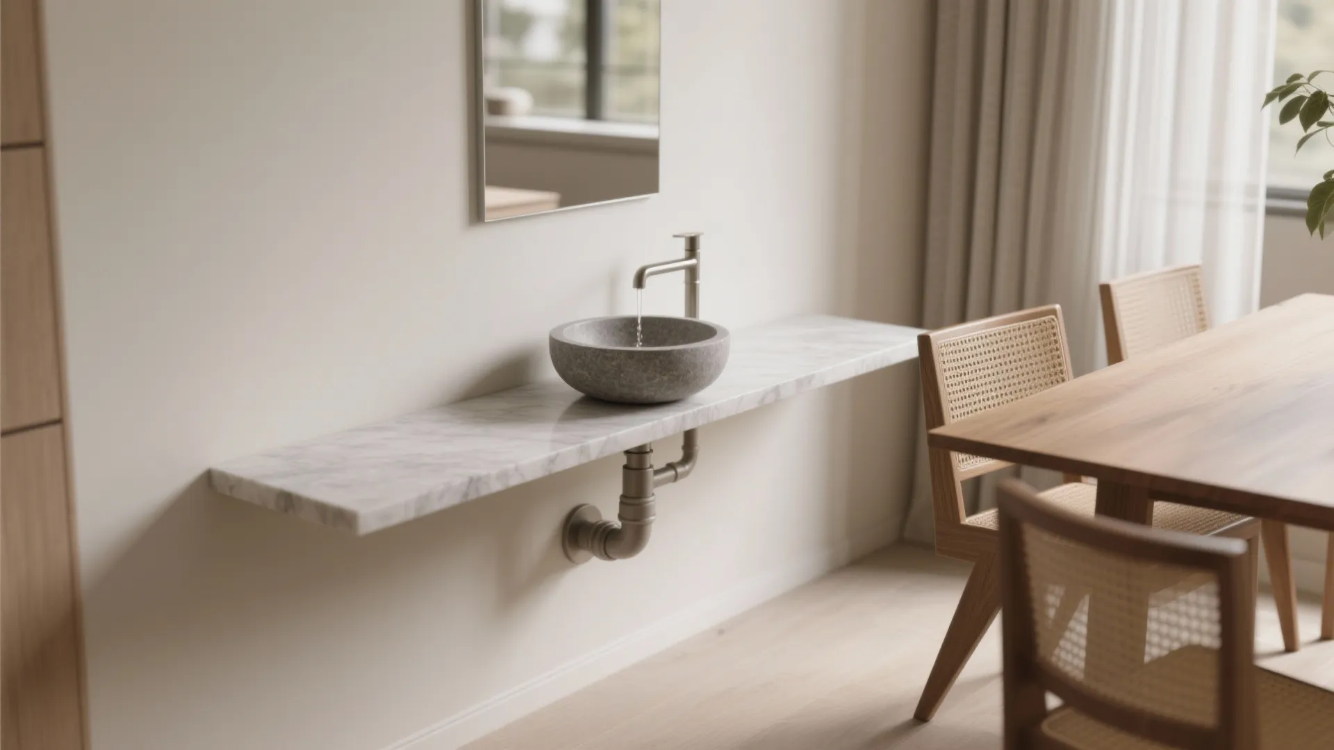 Modern bathroom interior design drawing with stone bowl sink on marble shelf and wooden dining chairs