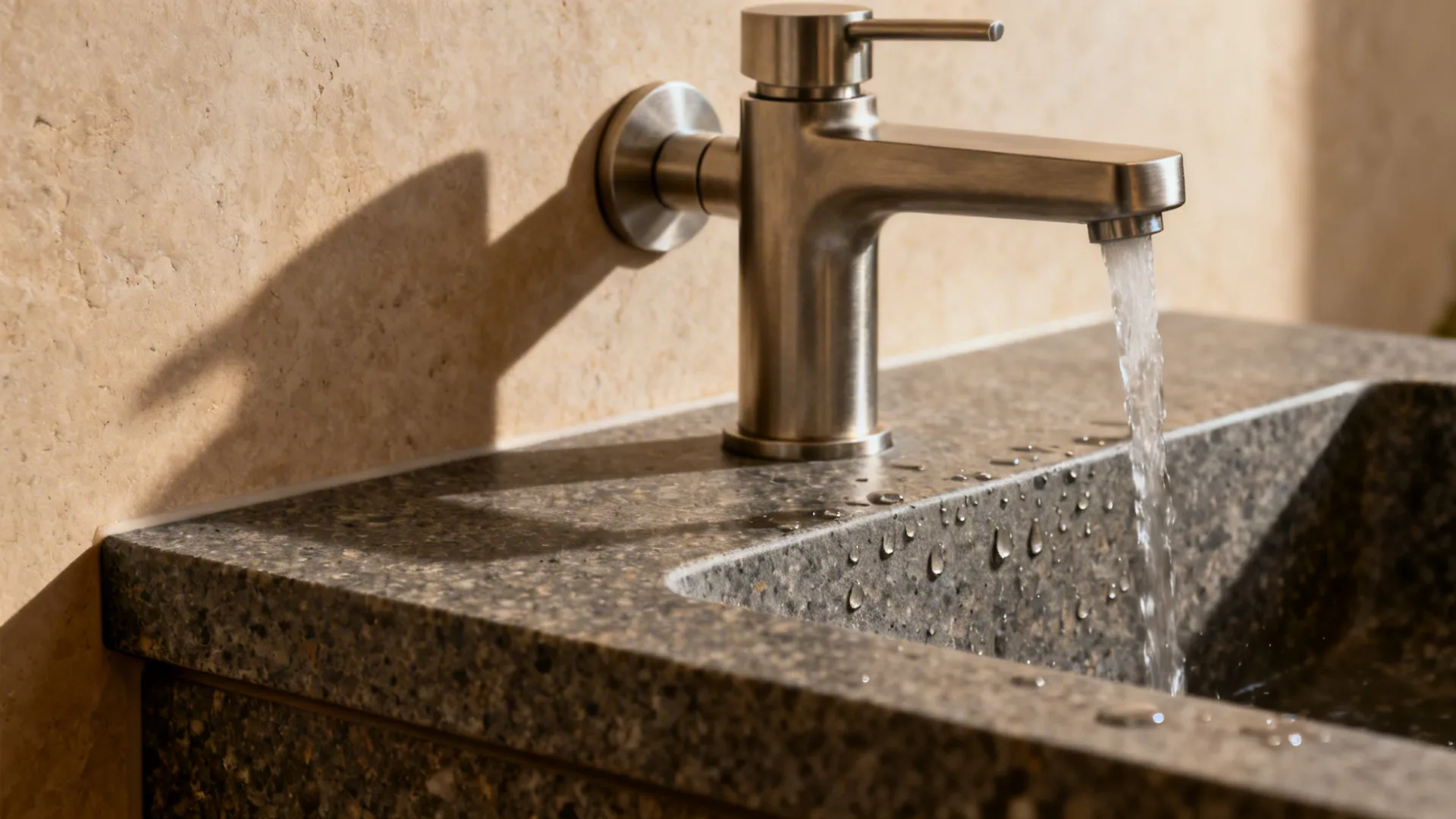 Macro of a honed stone console edge with a wall-mounted mixer tap, showing fine texture.