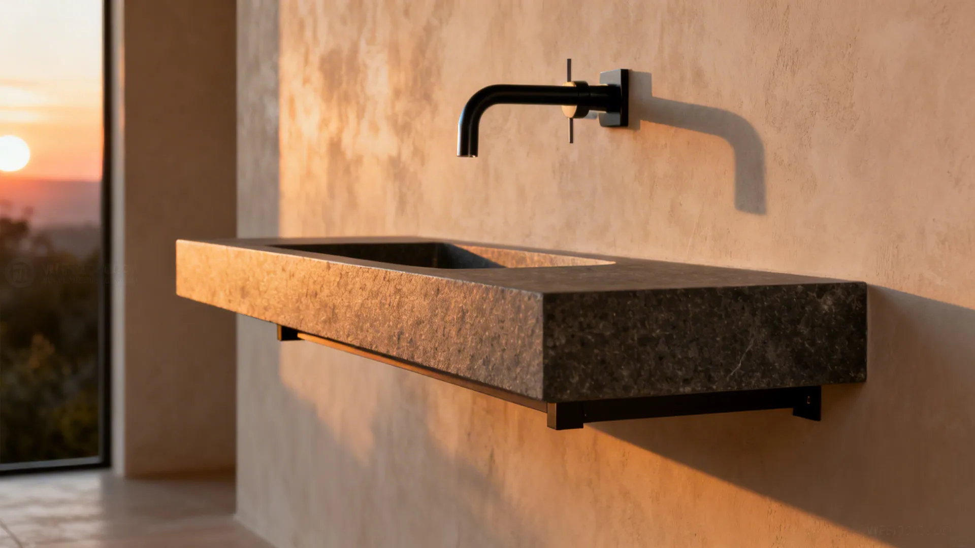 Slim honed stone console with a wall-mounted mixer tap in a modern dining room.