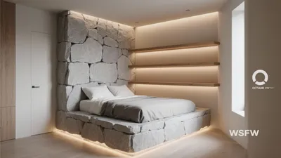 Modern Stone Bedroom with Ambient Lighting