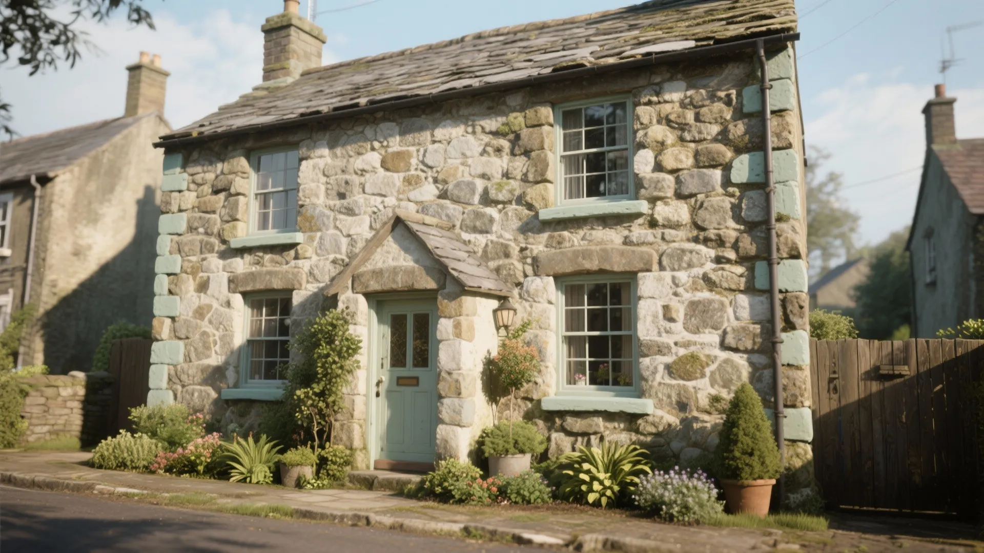 Traditional stone house with green windows and light green door surrounded by beautiful garden plants