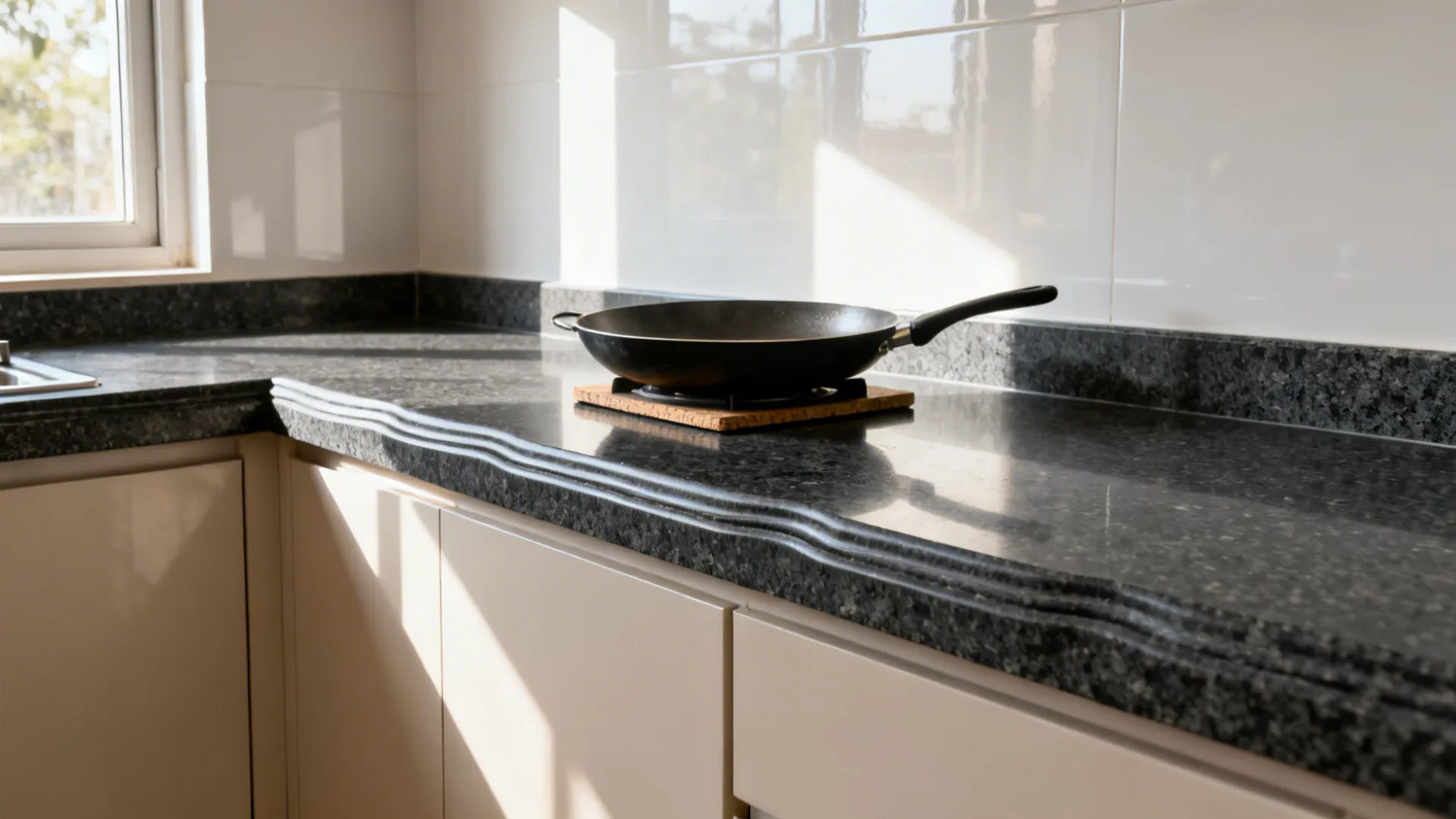 Honed black granite countertop with thick front edge and matching stone skirting in a compact kitchen.