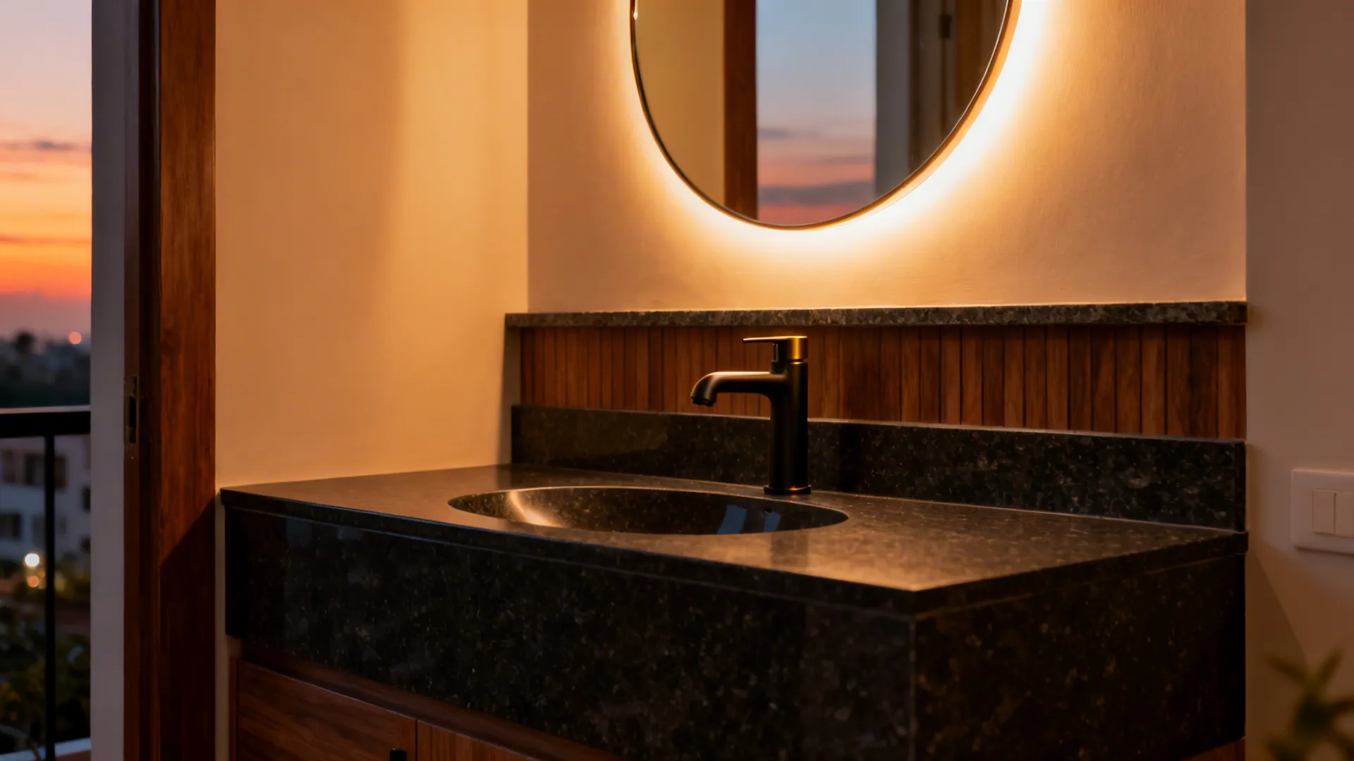 Stone counter with an under-mount basin and a glowing backlit mirror in a dining niche.