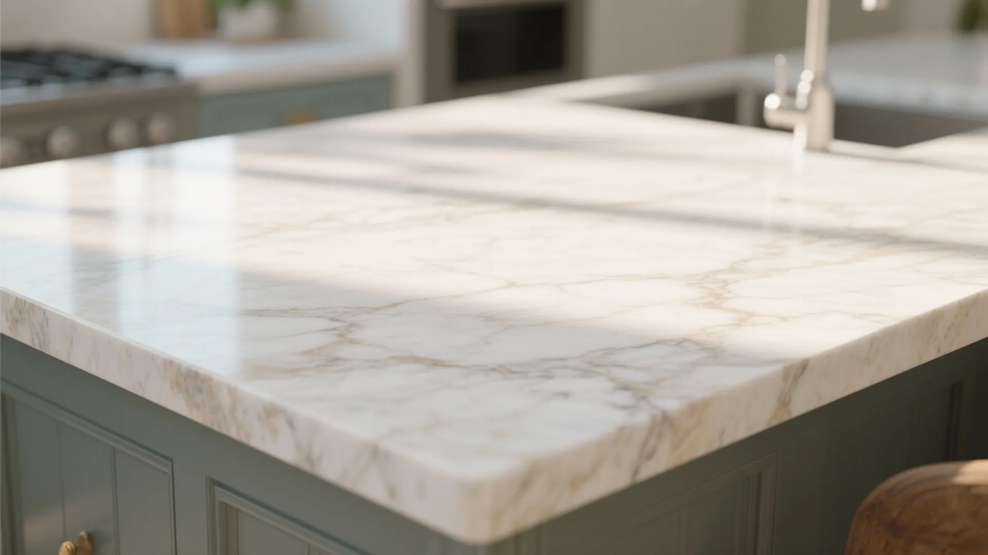 Detail of light quartzite kitchen countertop