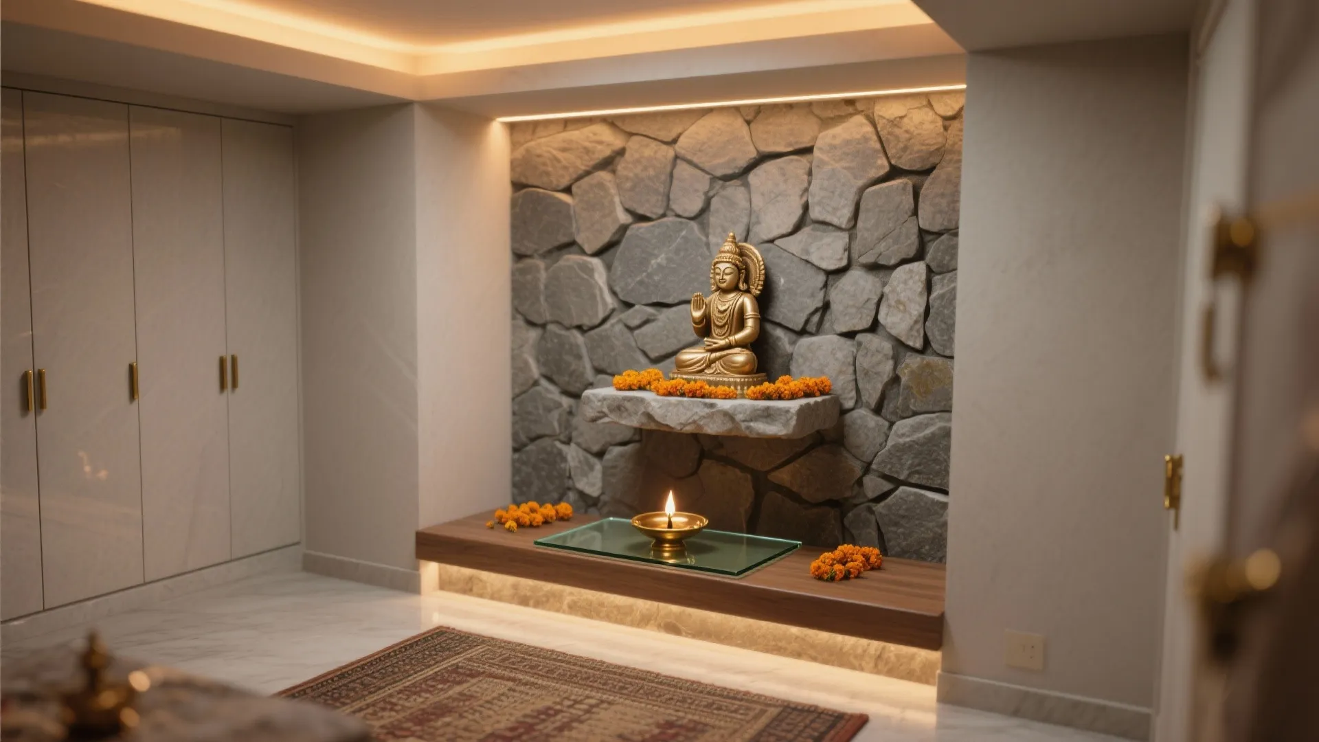 1) Textured stone backdrop with warm cove lighting