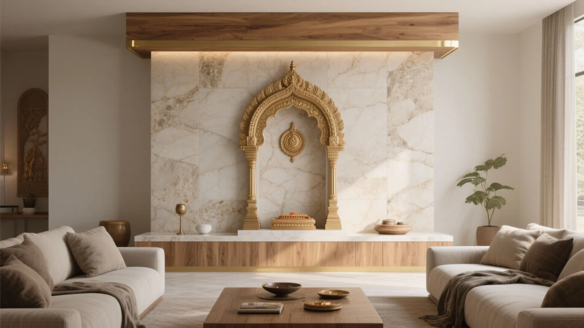 Modern living room with marble wall panel two white sofas and a low wooden table