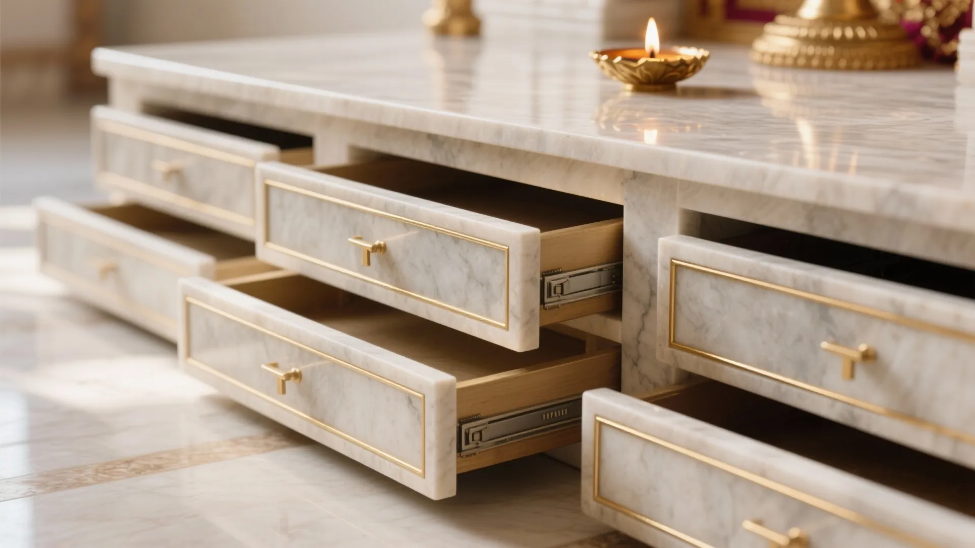 White marble cabinet with open drawers gold handles and small oil lamp on top surface