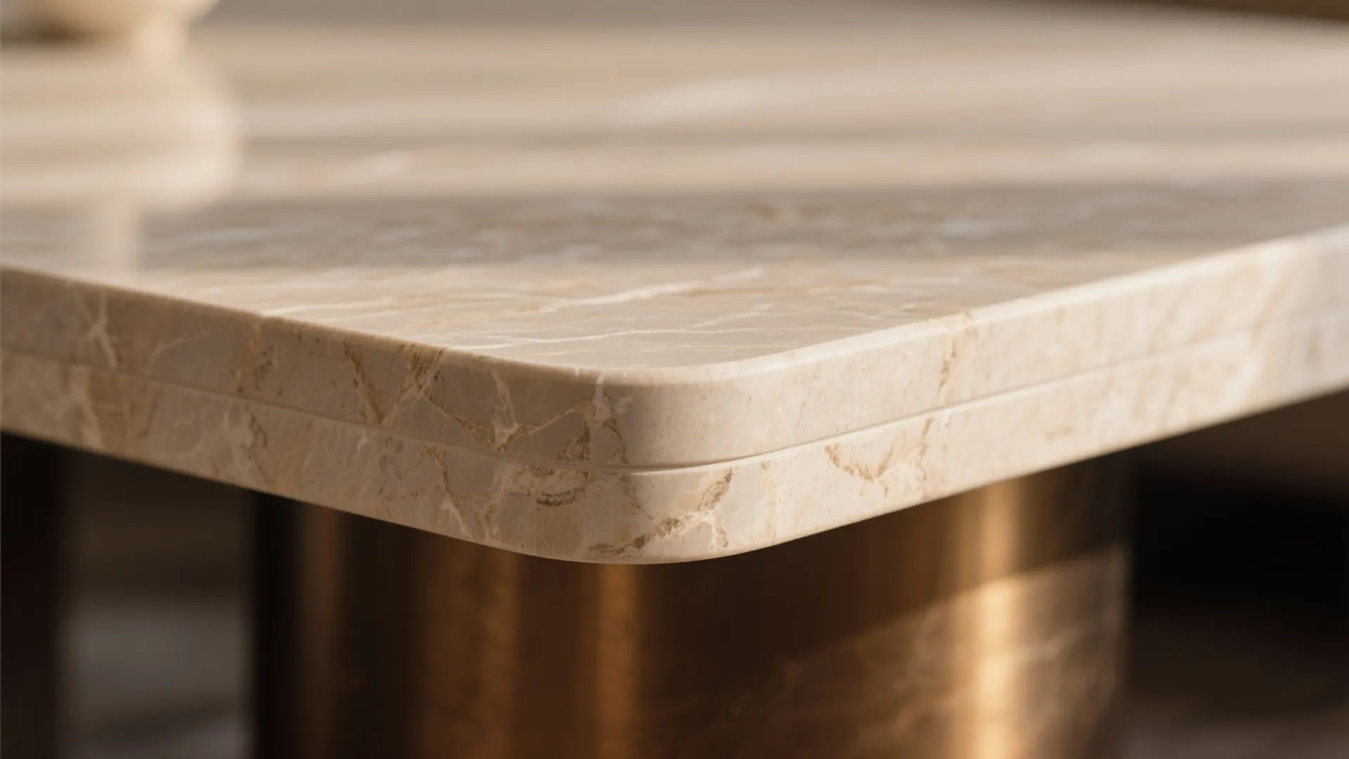 Close up of smooth beige marble table top with rounded corner and brass metal base detail