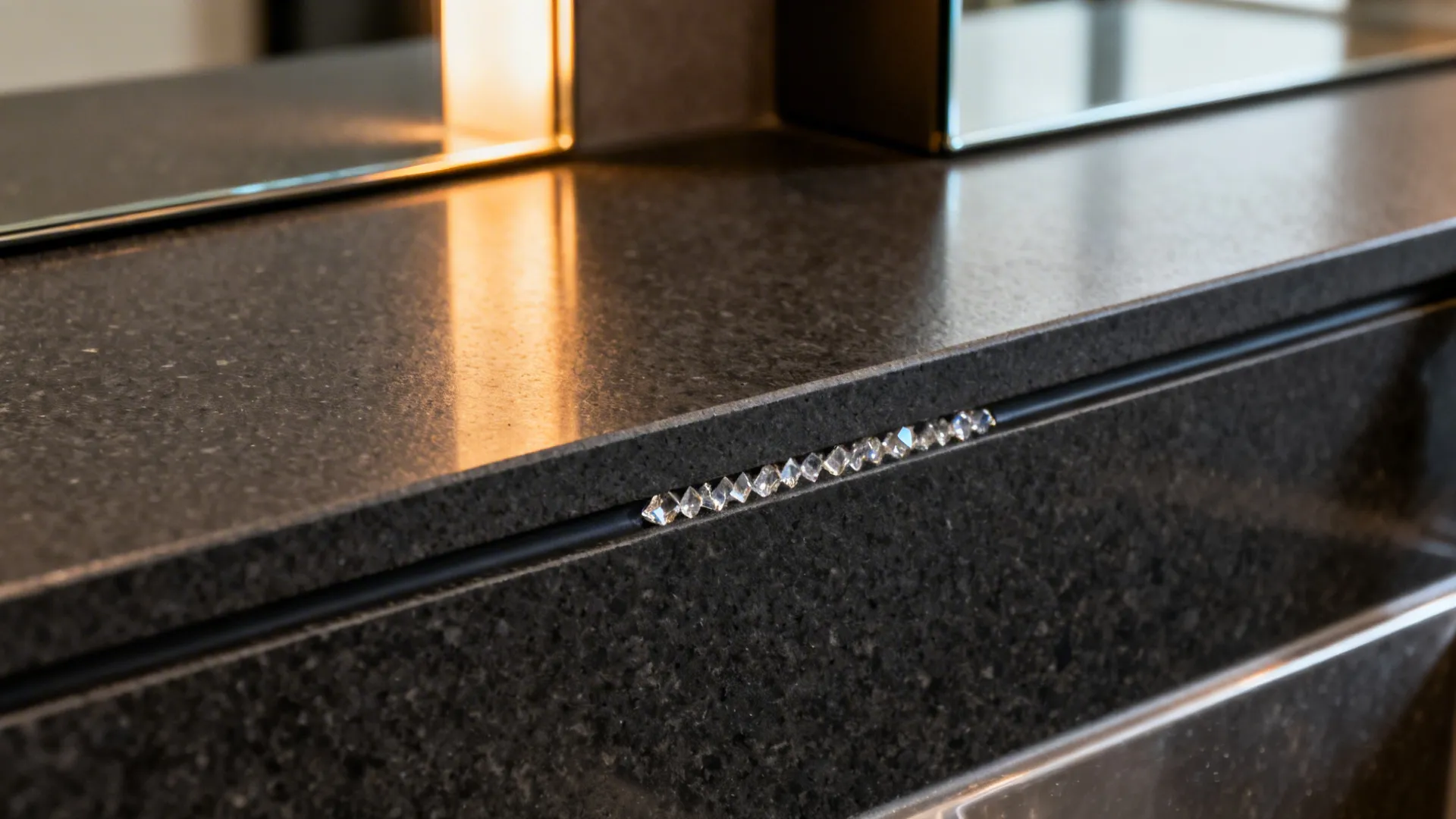 Macro of a honed stone counter edge with an under-mount sink and upstand.