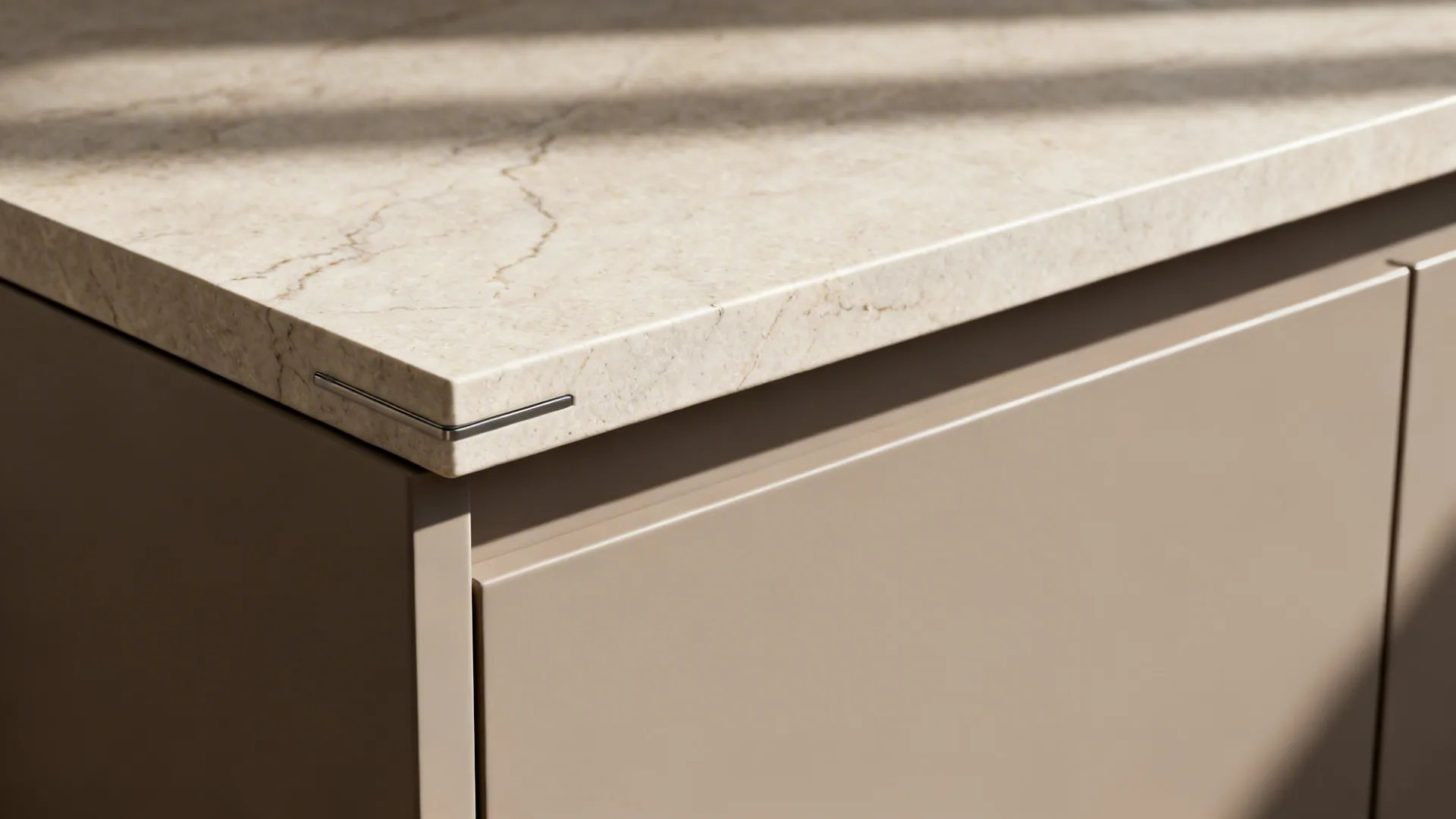 Macro view of a honed stone thin countertop edge meeting a matte cabinet front.