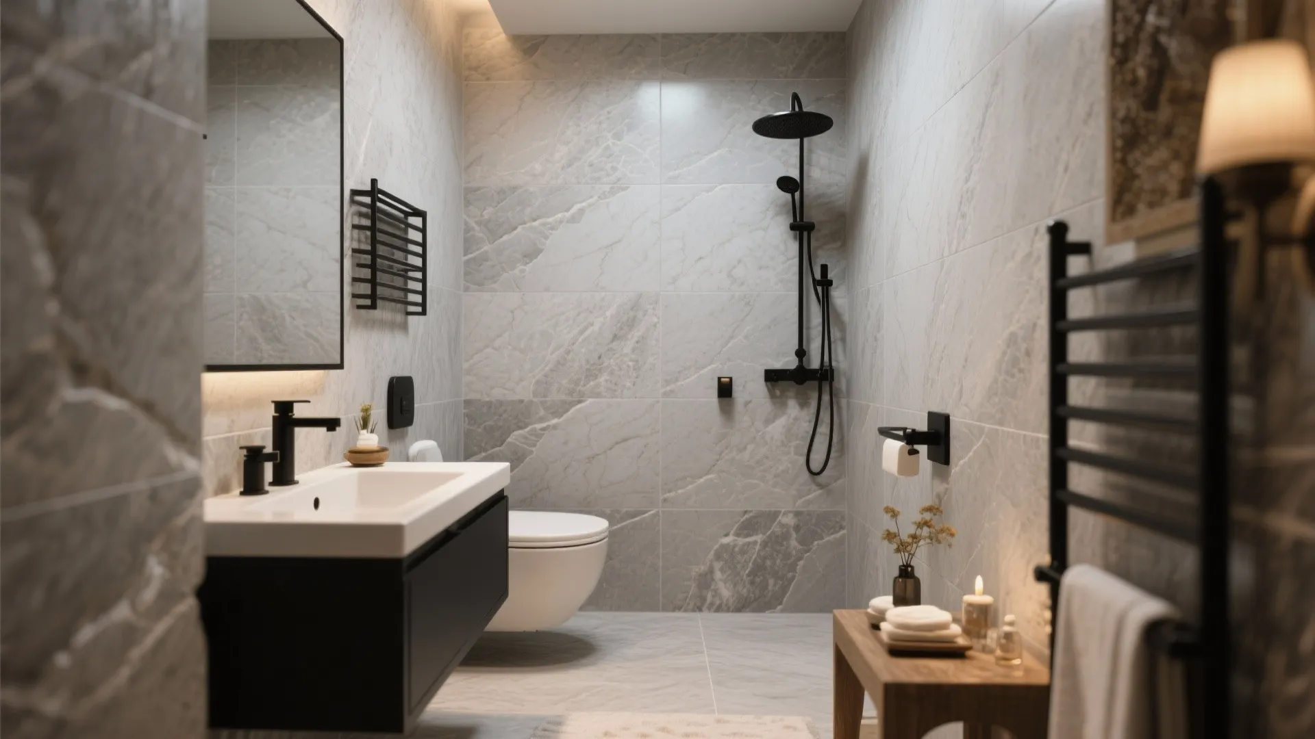 Grey stone bathroom with black sink cabinet white toilet shower head and warm wall lights