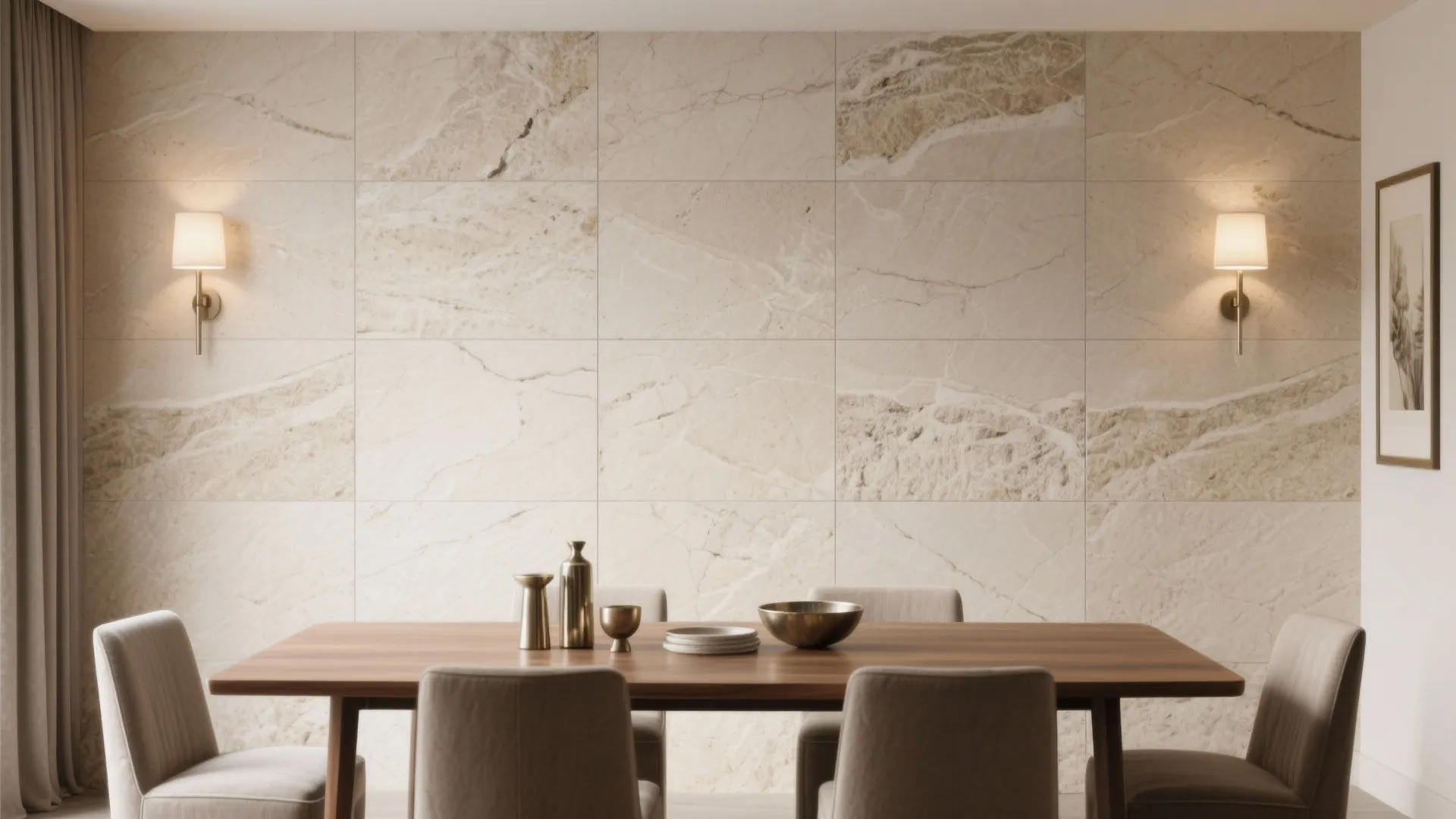 Modern dining room featuring large stone wall panels wooden table four beige chairs and wall lights