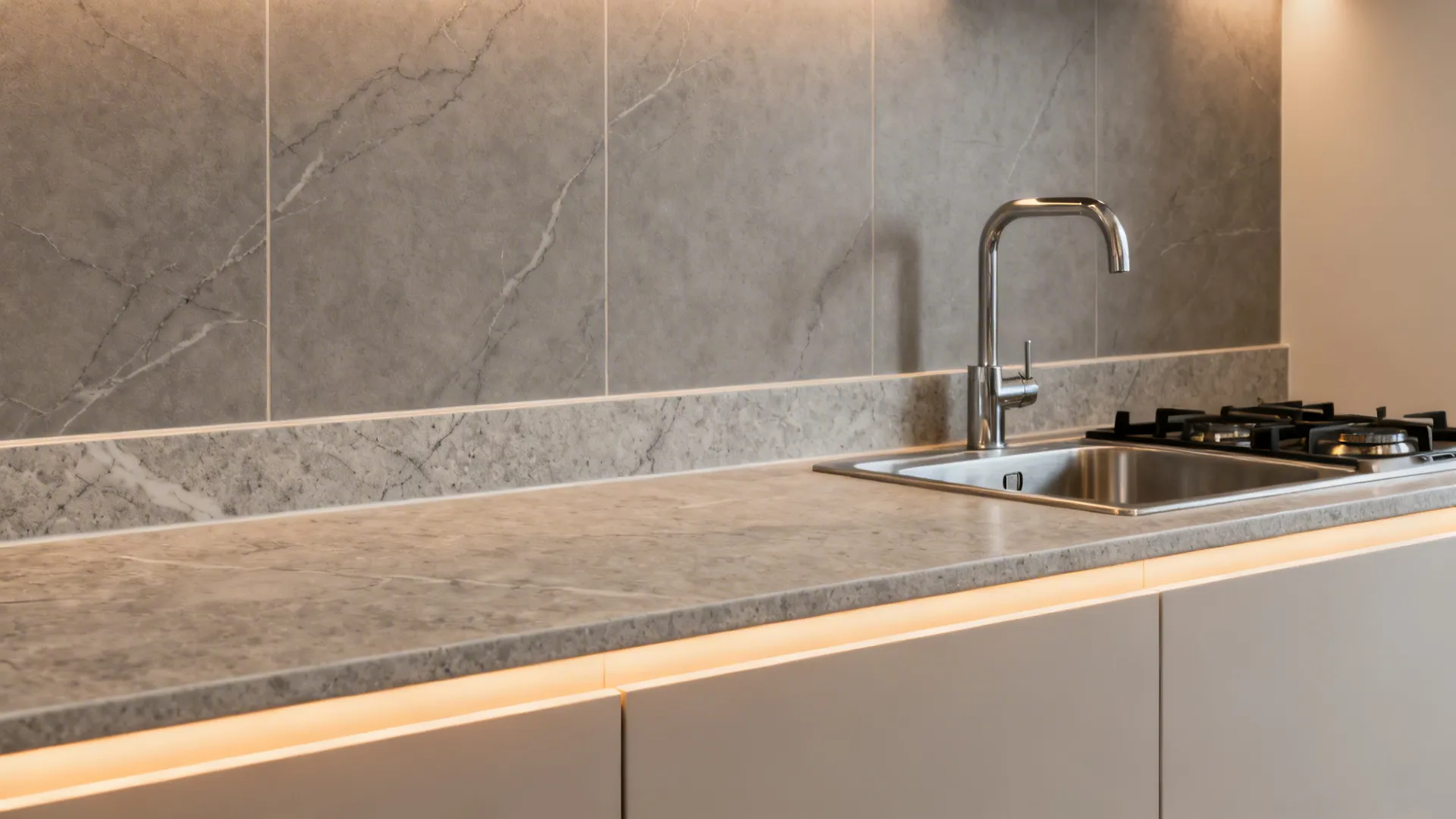 Grey marble kitchen countertop and wall panel with silver sink faucet and warm under lighting
