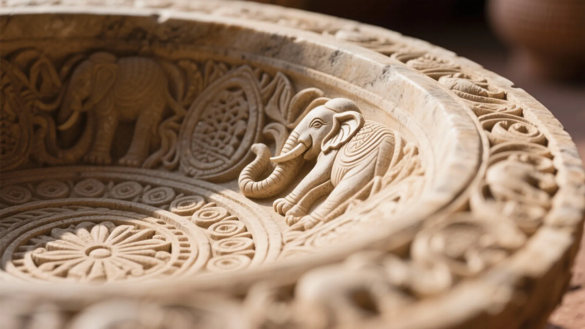 Close-up of hand-carved stone basin with elephant motif