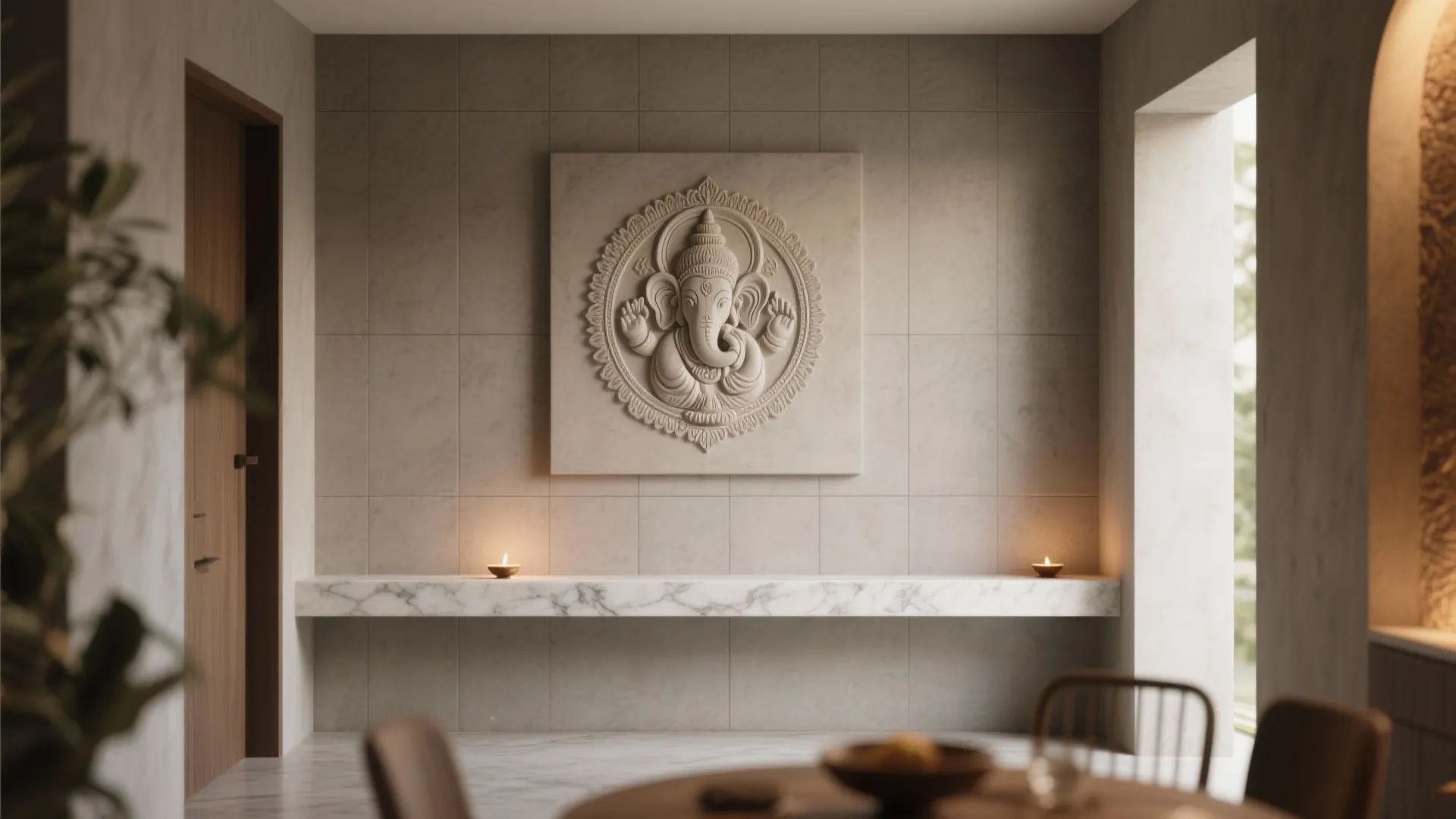 Stone, tile, or microcement feature with engraved motif