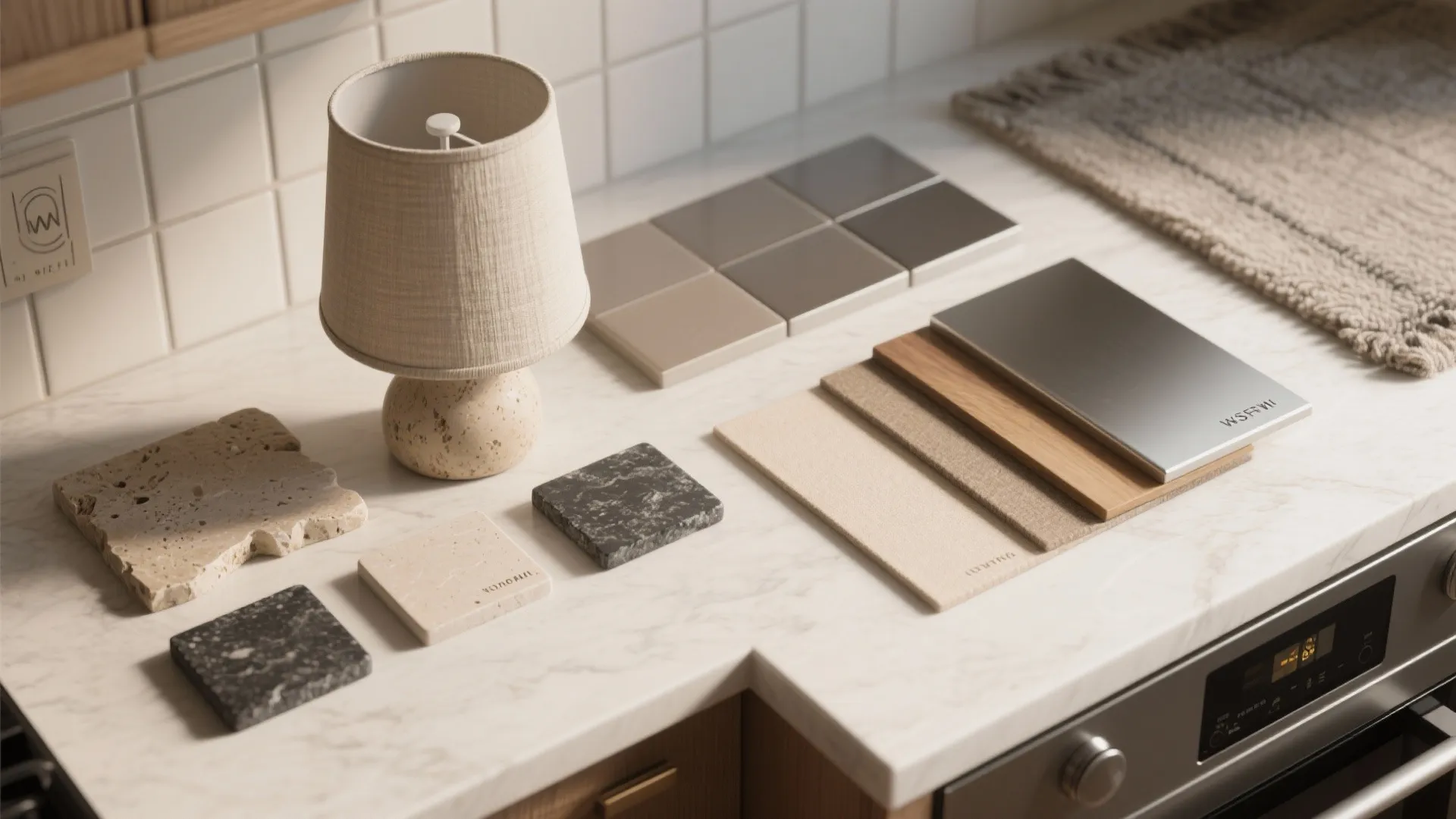 5) Natural stone + soft fabric shade to balance acoustics