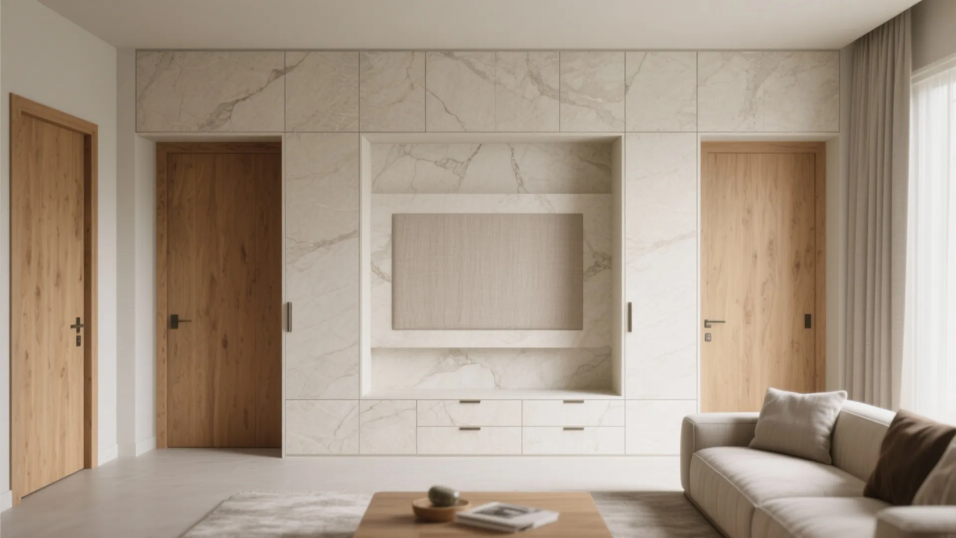 Minimalist living room with marble wall tiles and wooden doors beside a comfortable white sofa