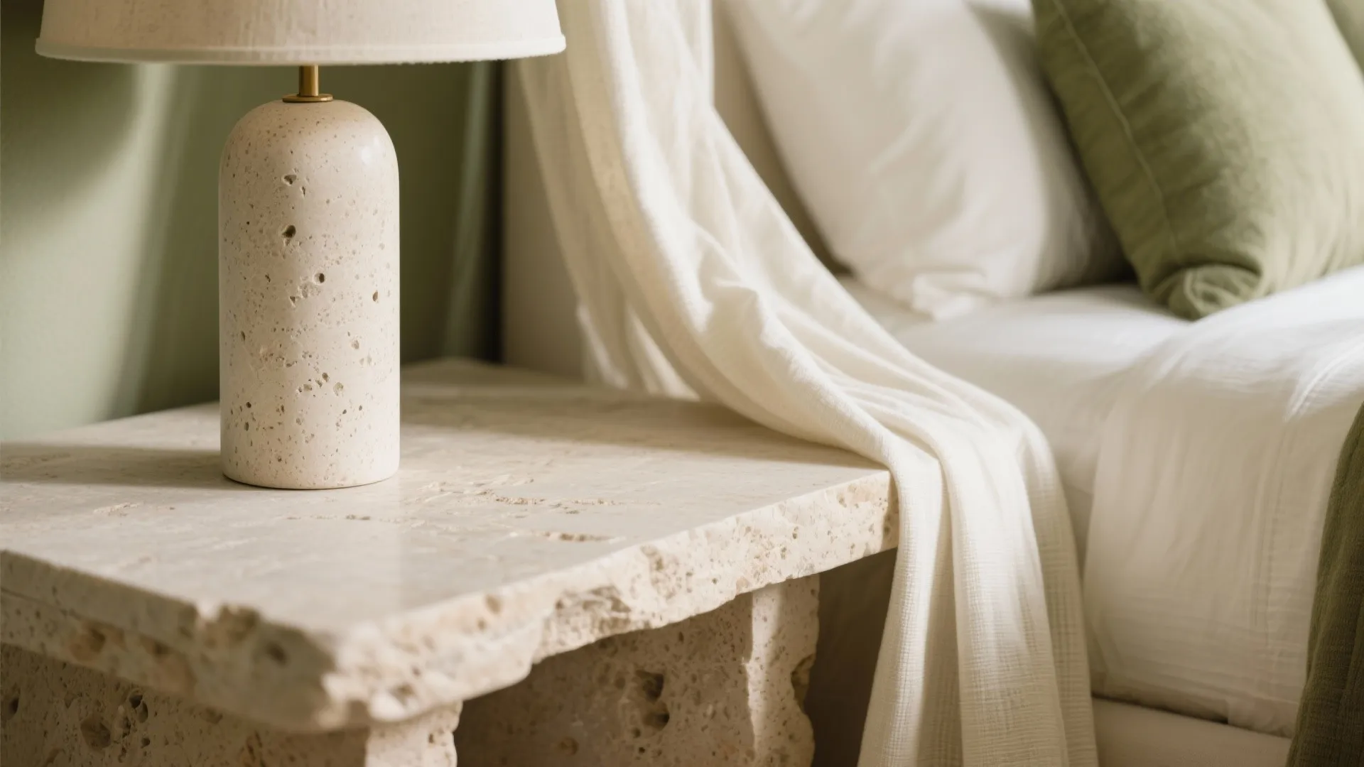 Stone side table with matching lamp next to a bed with white and green pillows