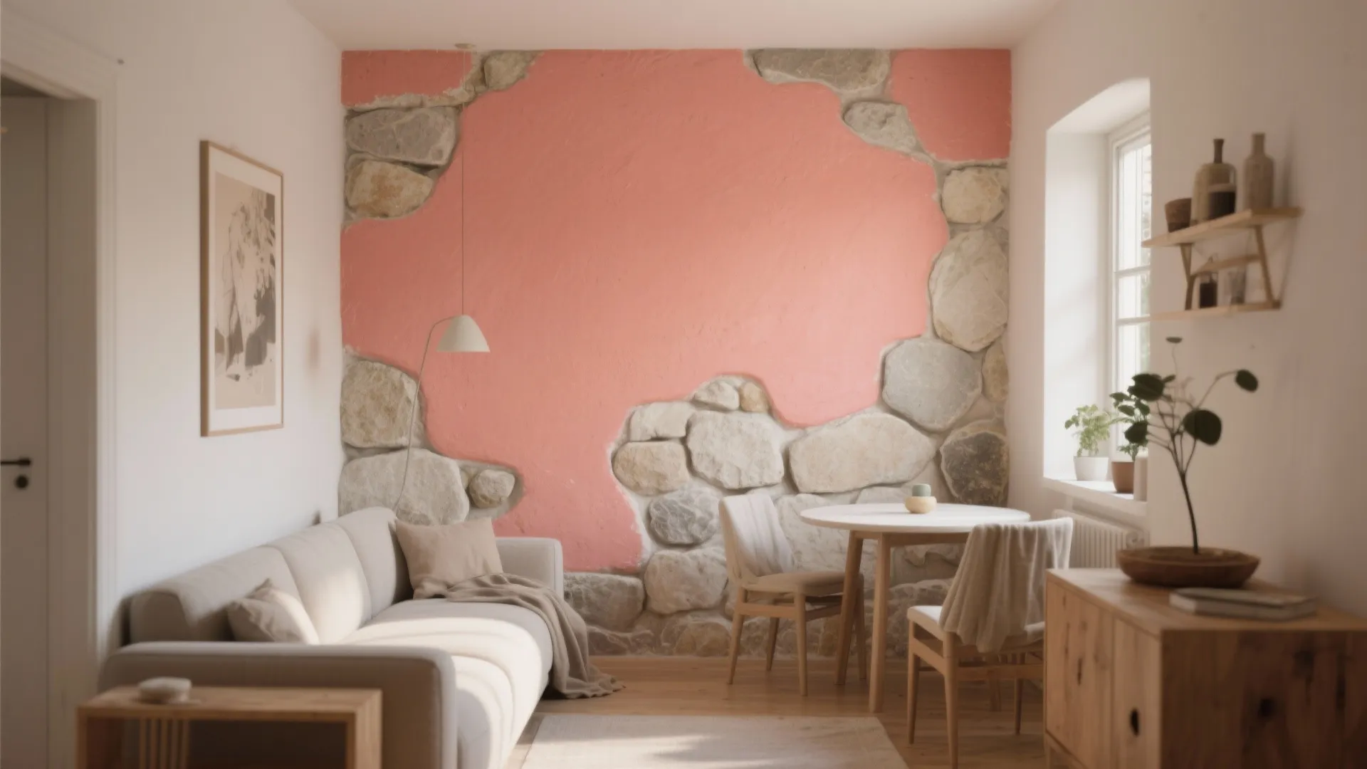 Living room with beige sofa and pink paint on a large rustic stone feature wall