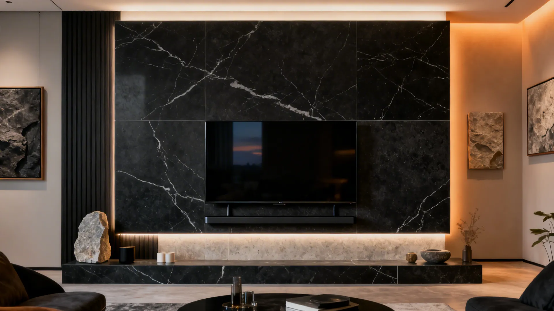 Stone-look slab media wall with a large TV and warm perimeter LED bias lighting.