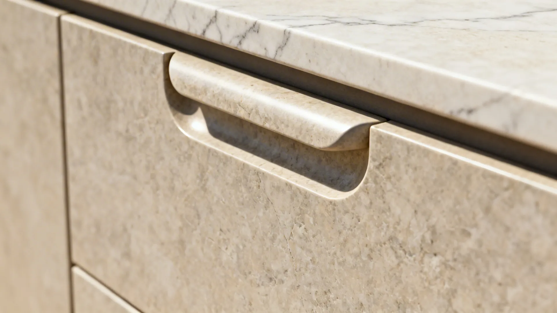 Macro of a drawer with an integrated stone finger groove featuring smooth 3 mm radiused edges.