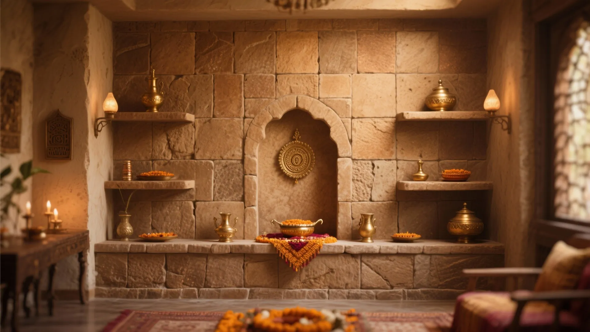 Interior design drawing showing a stone wall with built-in shelves gold vases and warm lighting