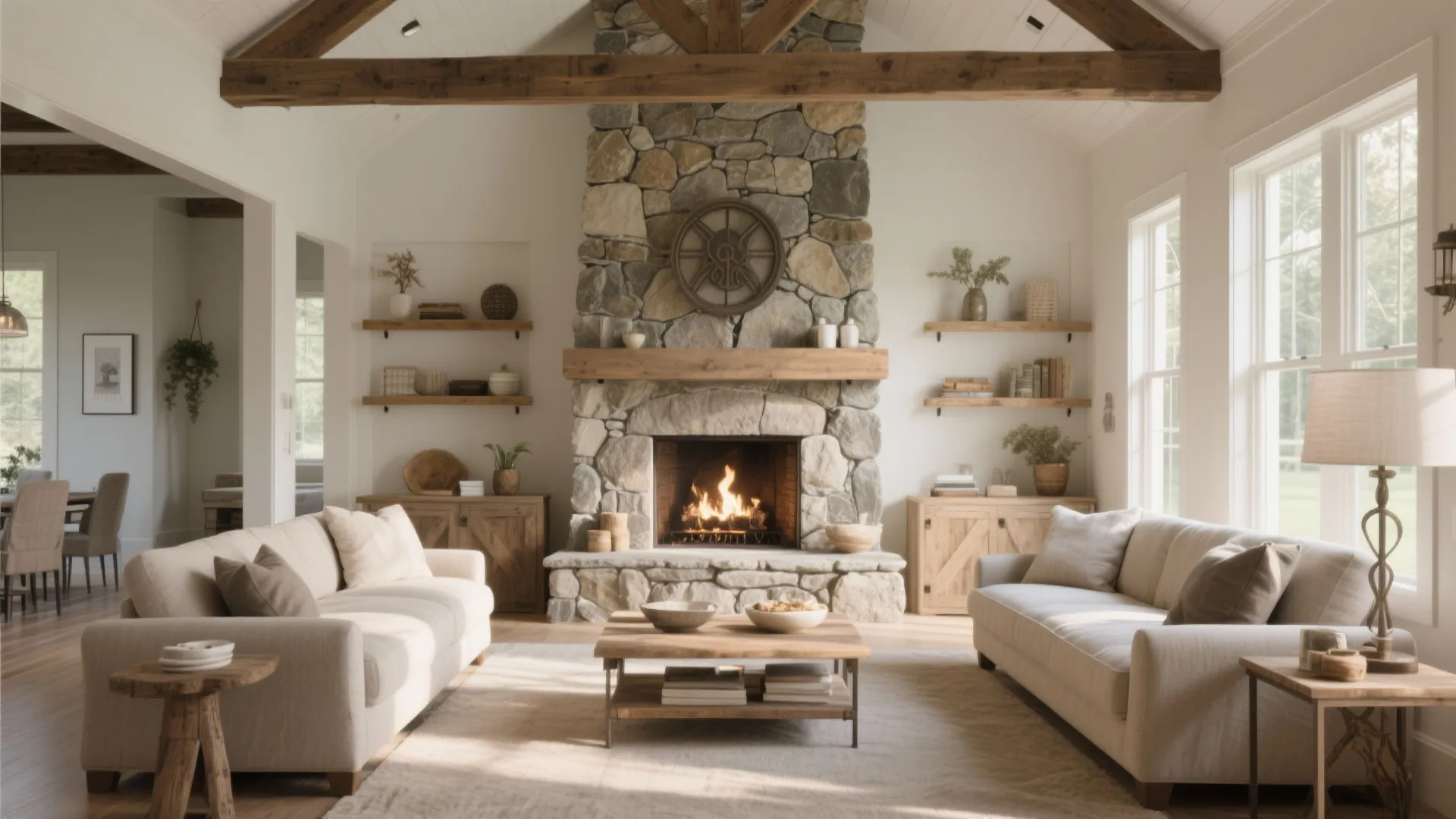 Spacious rustic living room featuring a large stone fireplace with wooden beams and white sofas