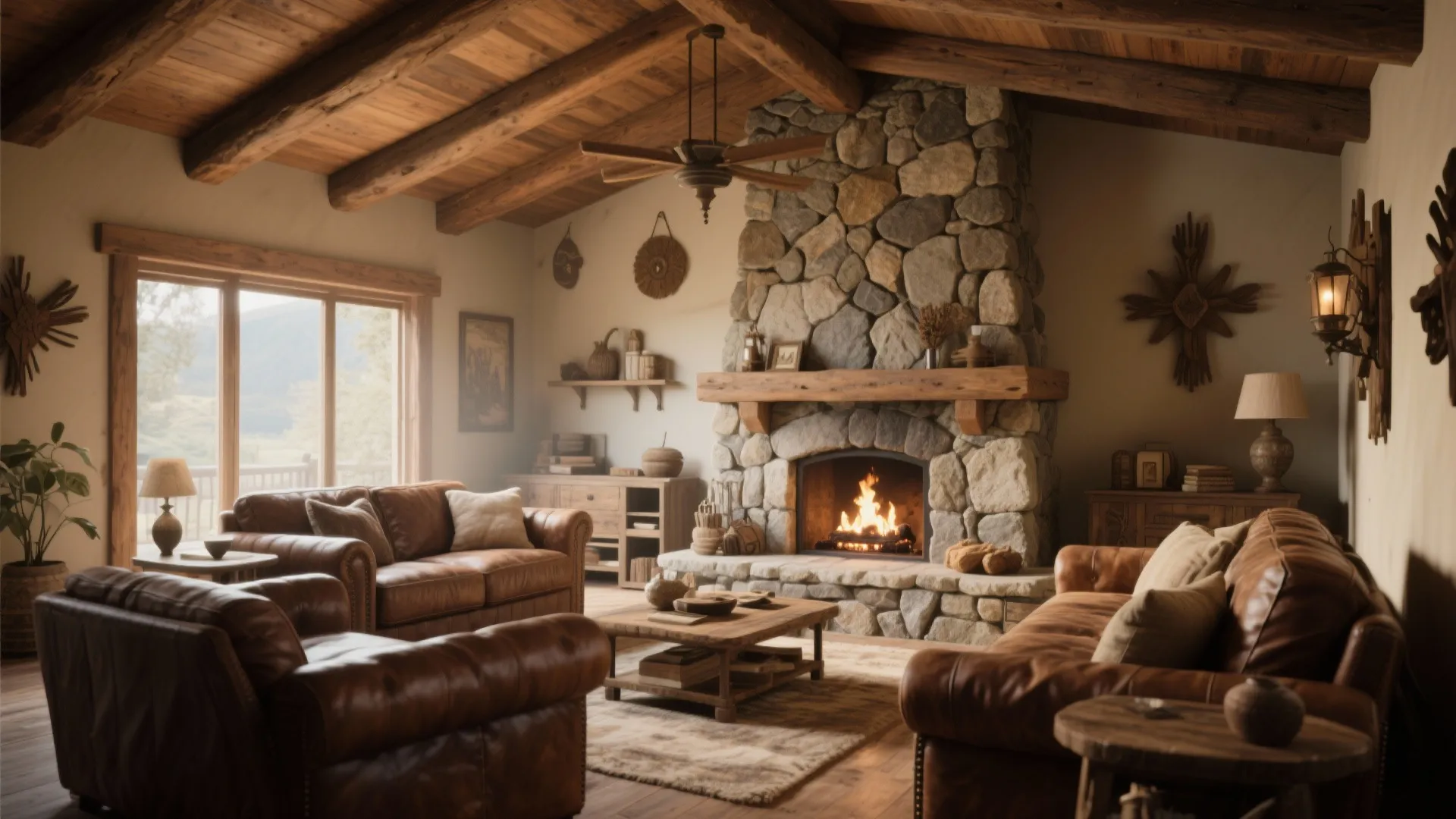 Western-style living room with floor-to-ceiling stone fireplace