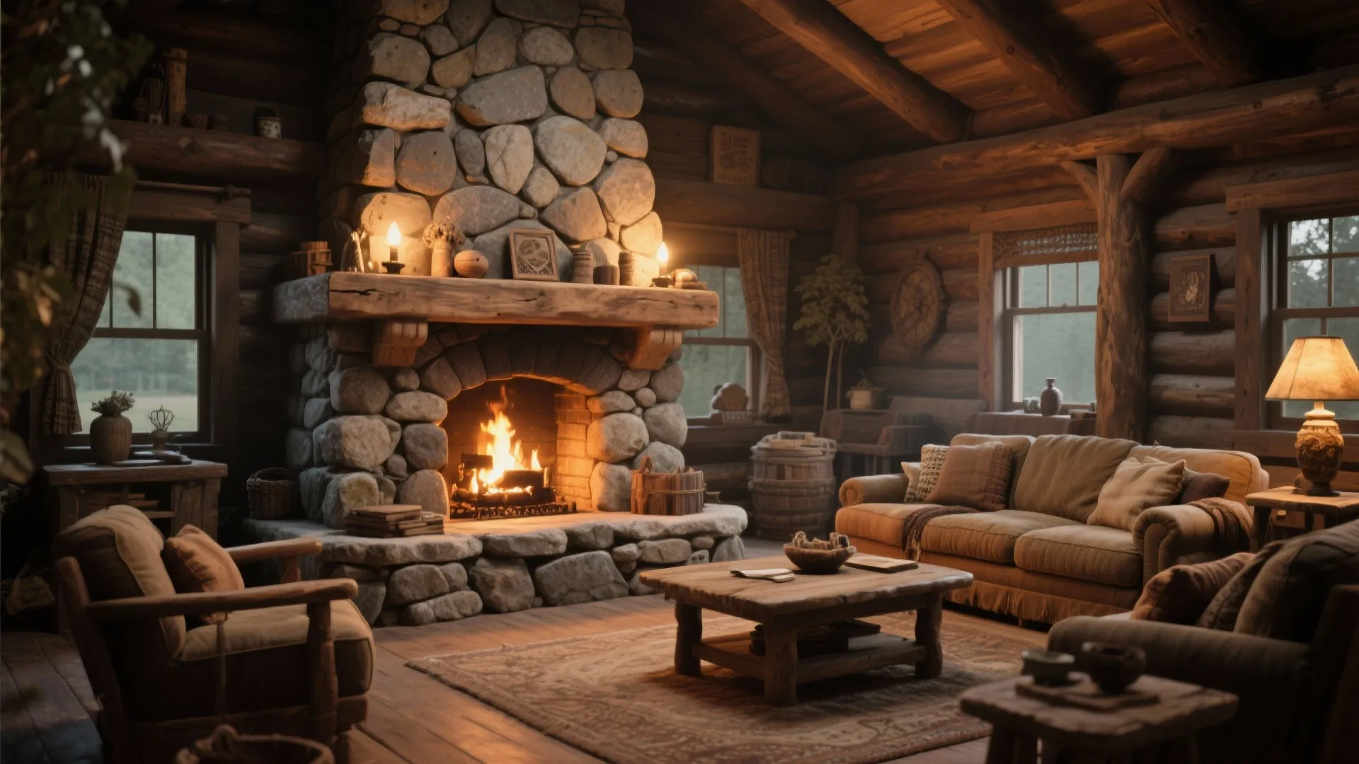 Cozy log cabin living room featuring a large stone fireplace with burning fire and sofa